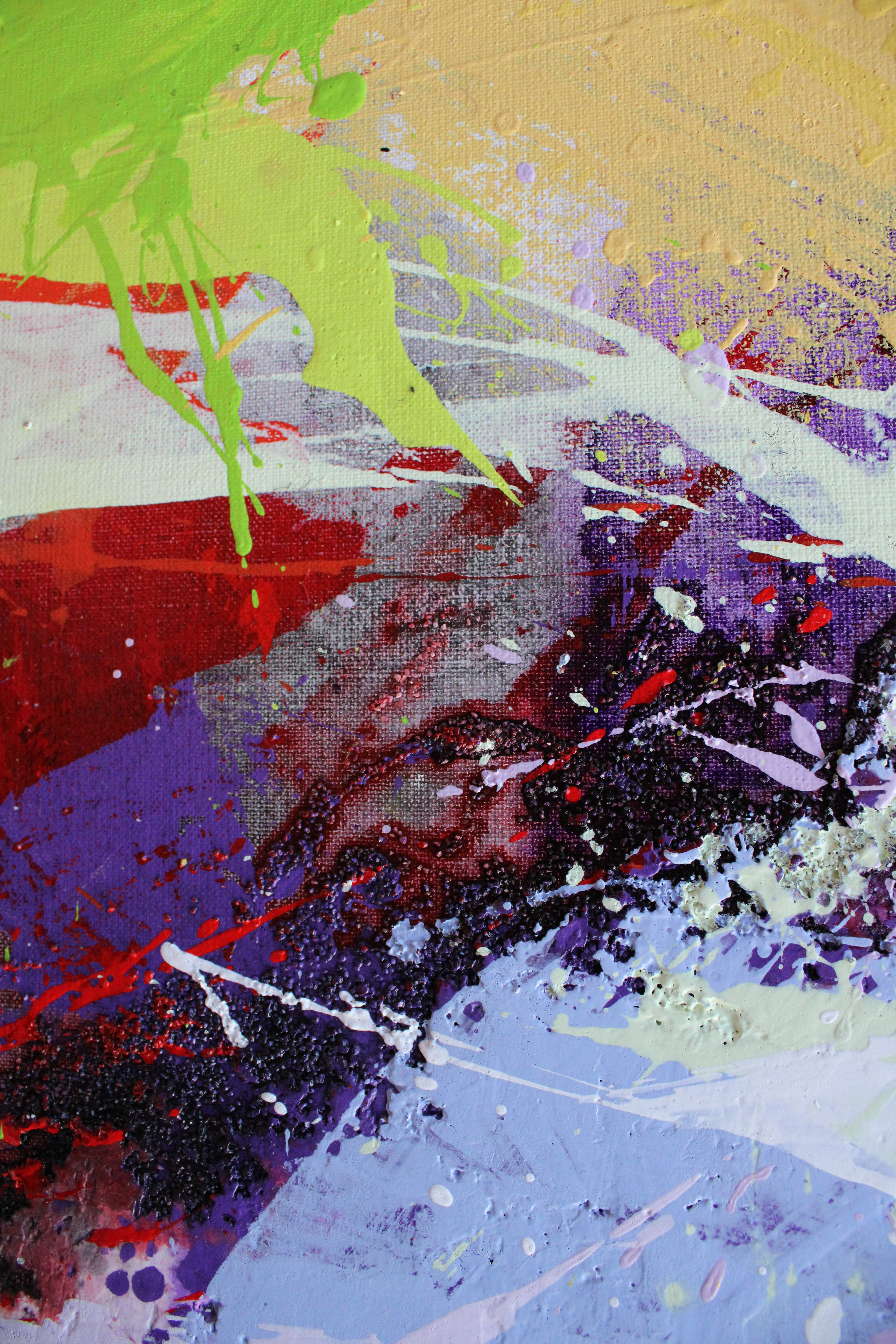 (Centre-right Detail) - Focusing on the central texture, this section reveals the intricate interplay between deep purples, charcoal, and an energetic burst of chartreuse yellow. The rough, gritty putty and sand reliefs are clearly visible, demonstrating the tactile quality achieved with the palette knife.