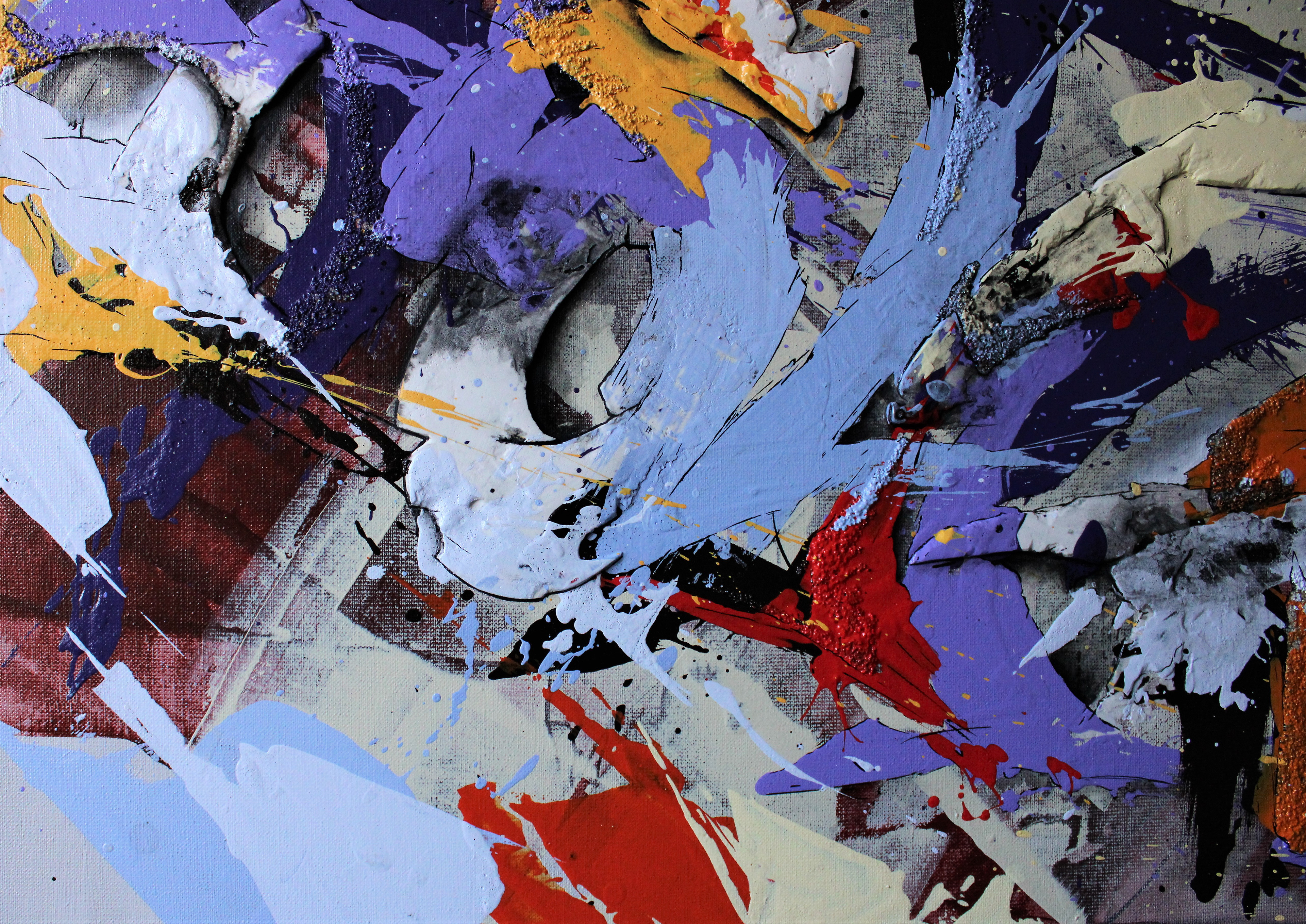 (Center Detail) - Focusing on the interplay of light and shadow, this detailed view highlights the high-relief ridges and deep crevices formed by the heavy, sculptural use of palette knives. The contrast between the cool lavenders and the sudden heat of the orange emphasizes the piece's 'architectural ruin' aesthetic.