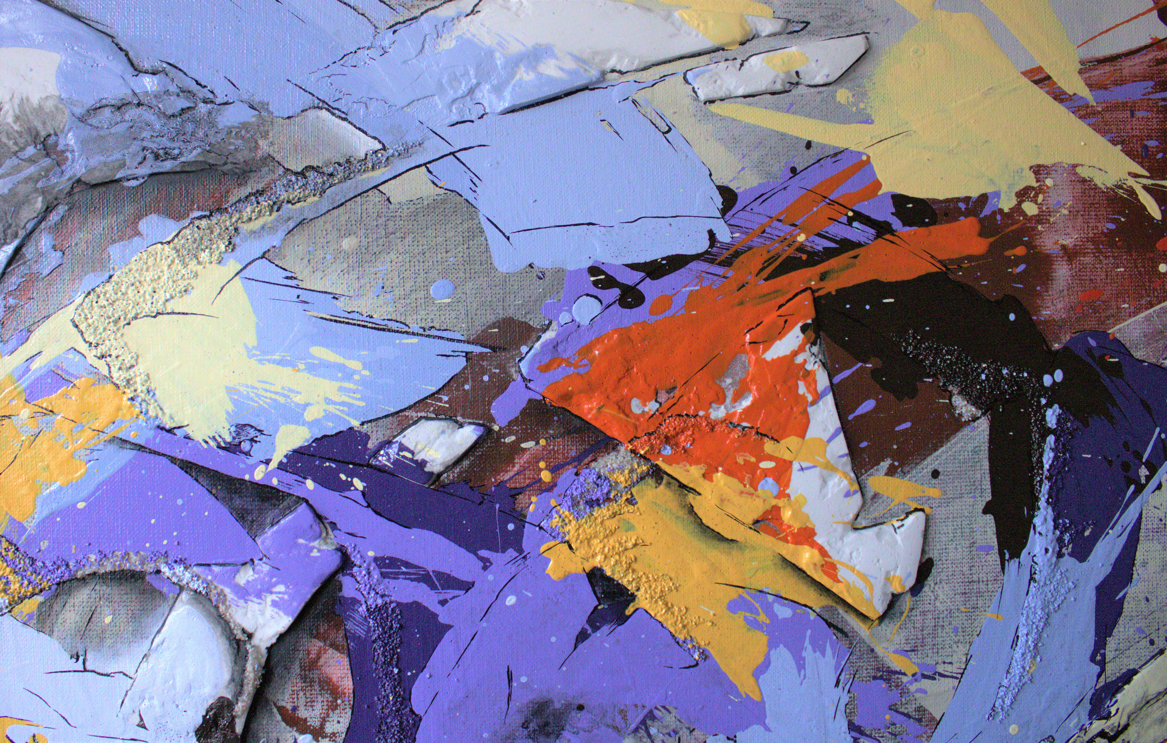 (Top-left Detail) - This close-up captures the central drama of the deconstructed signature, where shattered geometric forms of lavender and periwinkle blue collide with explosive bursts of fiery orange and deep crimson. The thick, sculptural application of palette knives creates deep crevices, mimicking weathered street textures.