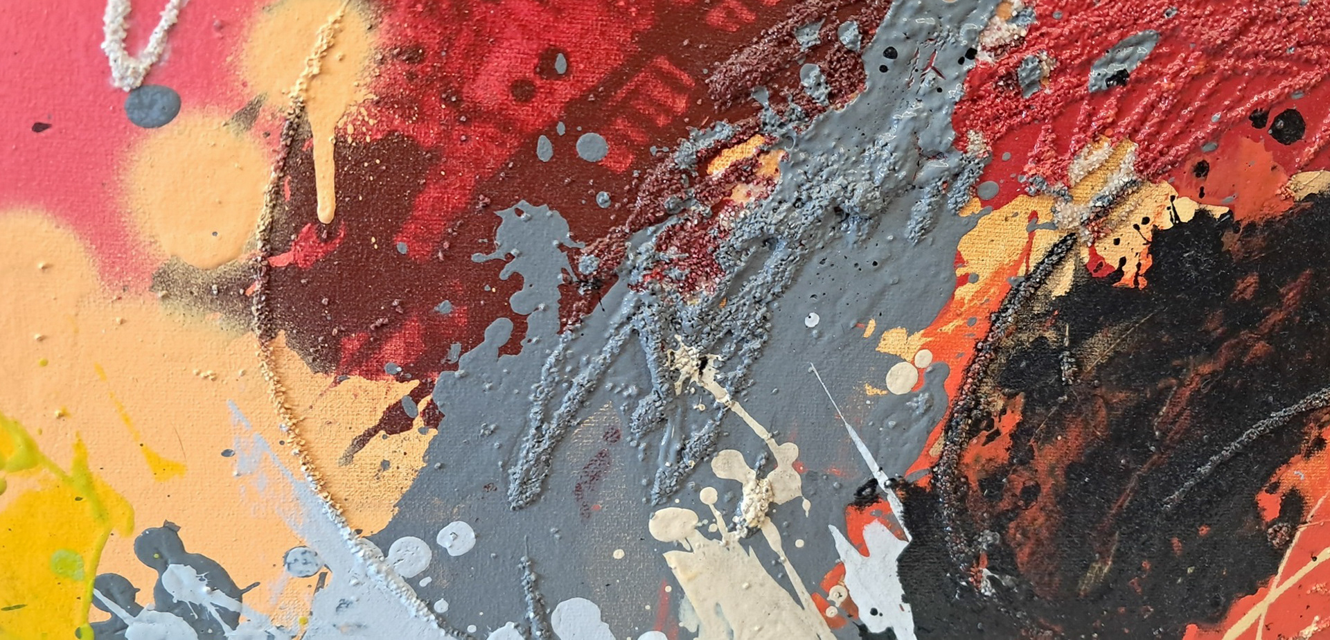 (Close-up center Detail) - In this detailed view of the lower-left section, the chaotic, raw energy of the piece is most apparent. Splatters and drips of bright yellow and pale peach paint create a sense of fluid, uncontrolled motion. A sweeping arc of white sand relief intersects with a bold, gray palette knife stroke, showing the complex layering and texture that defines the entire artwork.