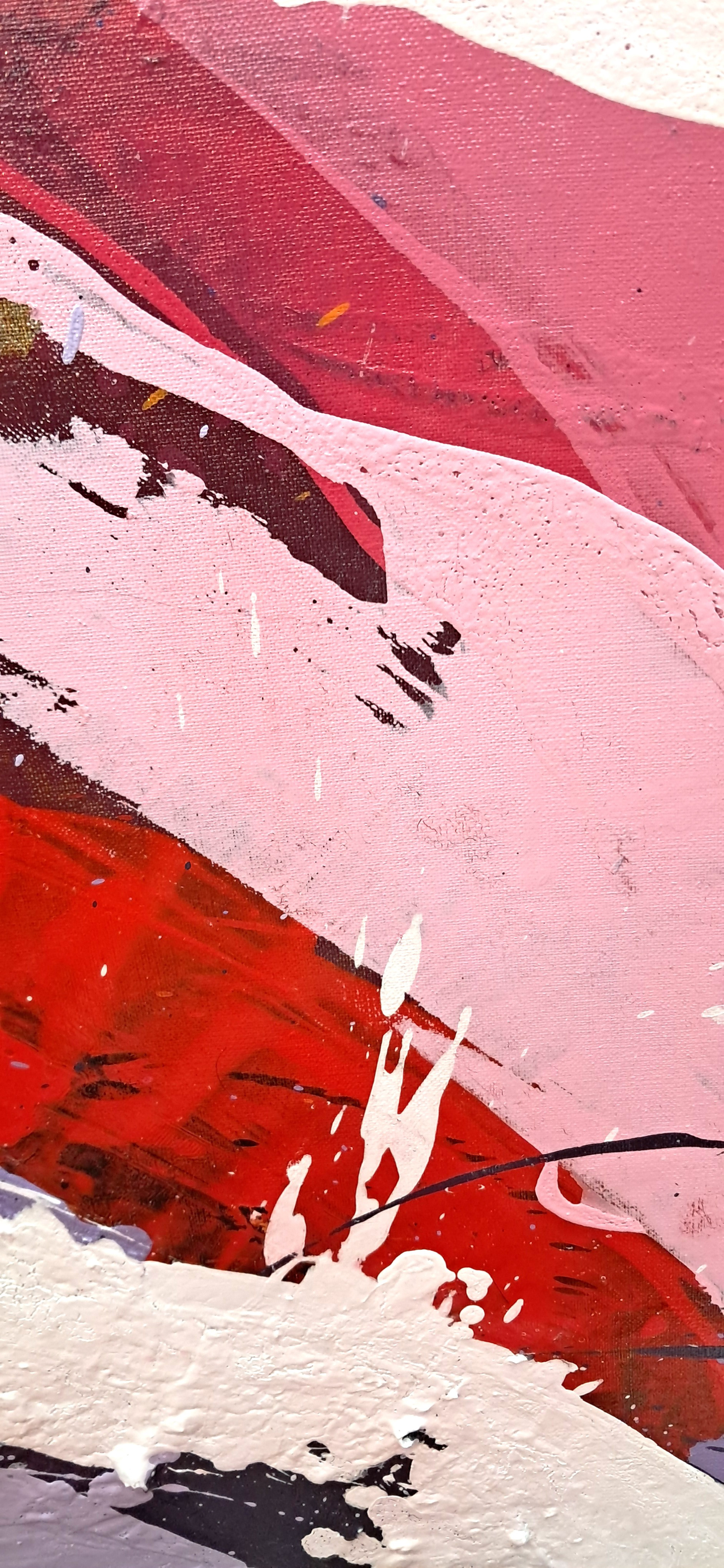 (Center-bottom Detail) - This close-up focuses on the lower section of the artwork, capturing the dramatic intersection of deep crimson and soft lavender. The thick, layered application of the acrylic paint using a palette knife creates a rich, tactile texture where the colors emerge from a dark, shadowy background.