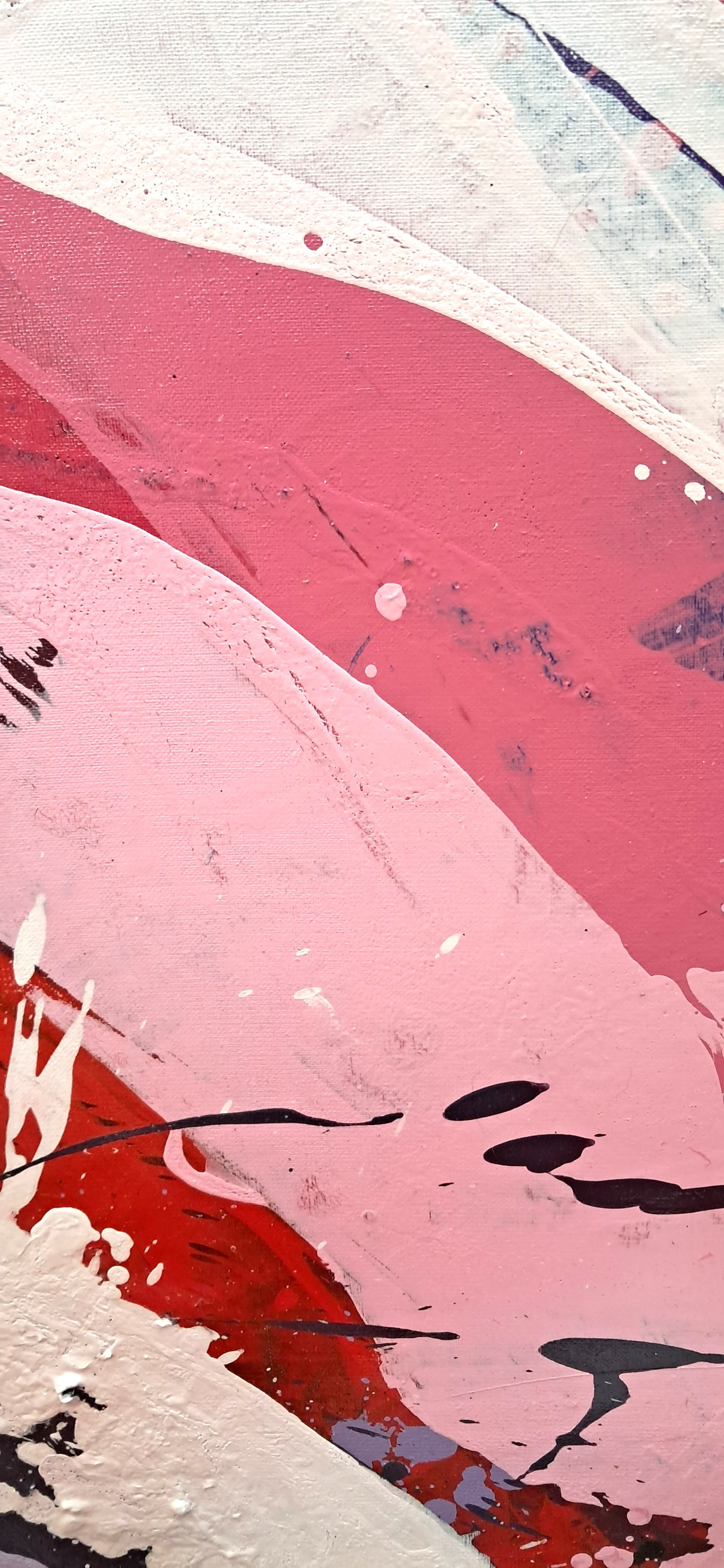 (Bottom-right Detail) -Focusing on the central movement of the piece, this detailed view highlights the sweeping horizontal strokes of ruby red and misty white. The textured relief, characteristic of the palette knife technique, conveys a sense of balanced, meditative energy within the passionate color field.