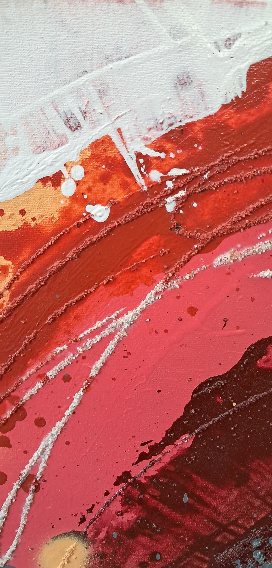 (Top-left Detail) - This close-up view of the upper-right quadrant reveals the delicate balance of the composition. Fine, white sand-textured lines arc across the canvas, creating a sense of orbital energy. Below them, vigorous palette knife strokes in crimson and deep maroon establish the initial intensity of the 'burning core,' contrasting with the textured, dark-red relief.