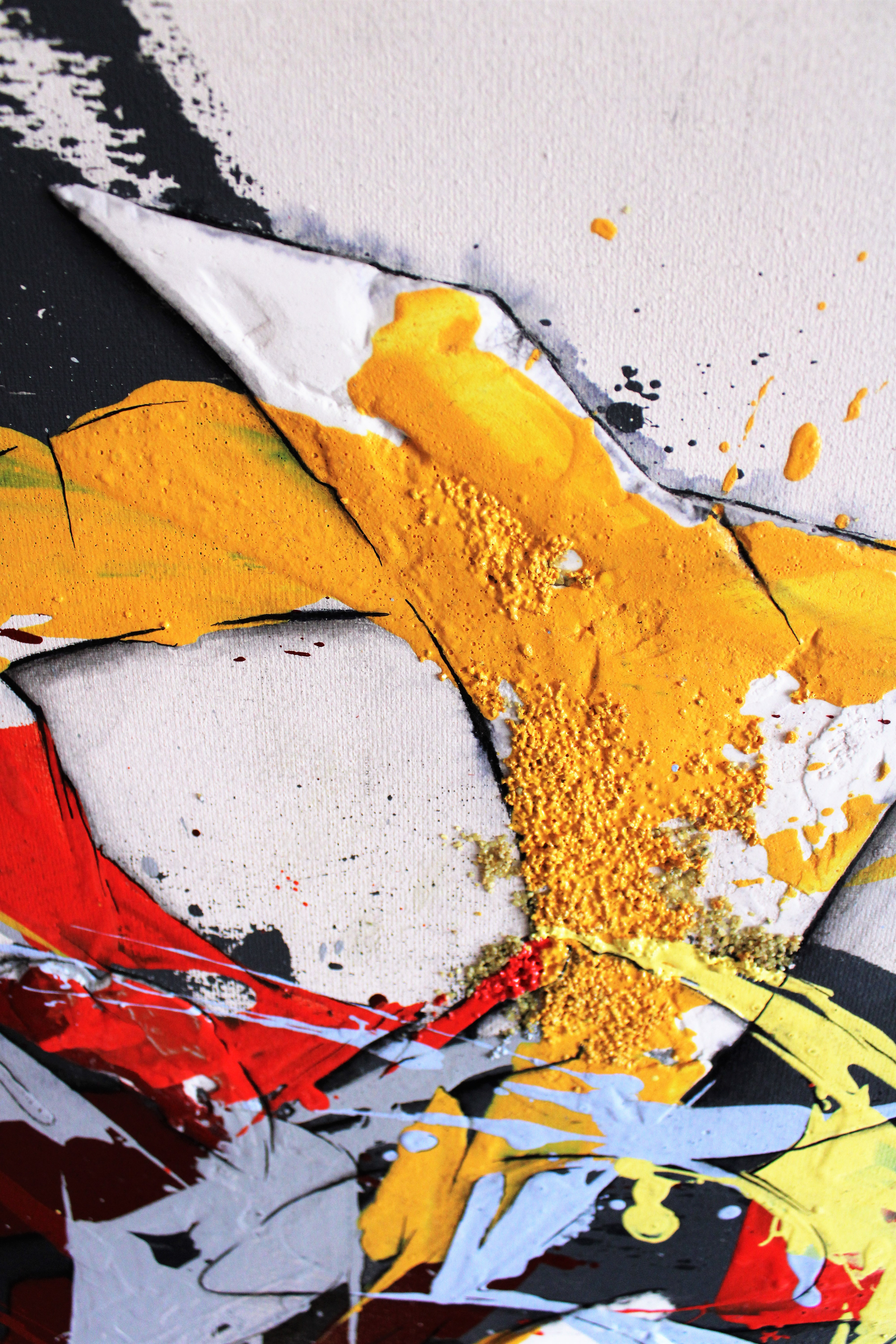 (Top-center Detail) - Focusing on the upper-center, this detailed view showcases the signature deconstructed SACO lettering. The name is rendered in high-relief ridges of thick yellow impasto and white putty, blurring the line between calligraphy and sculpture. The background, a fractured mix of black and white, creates a dynamic urban environment.