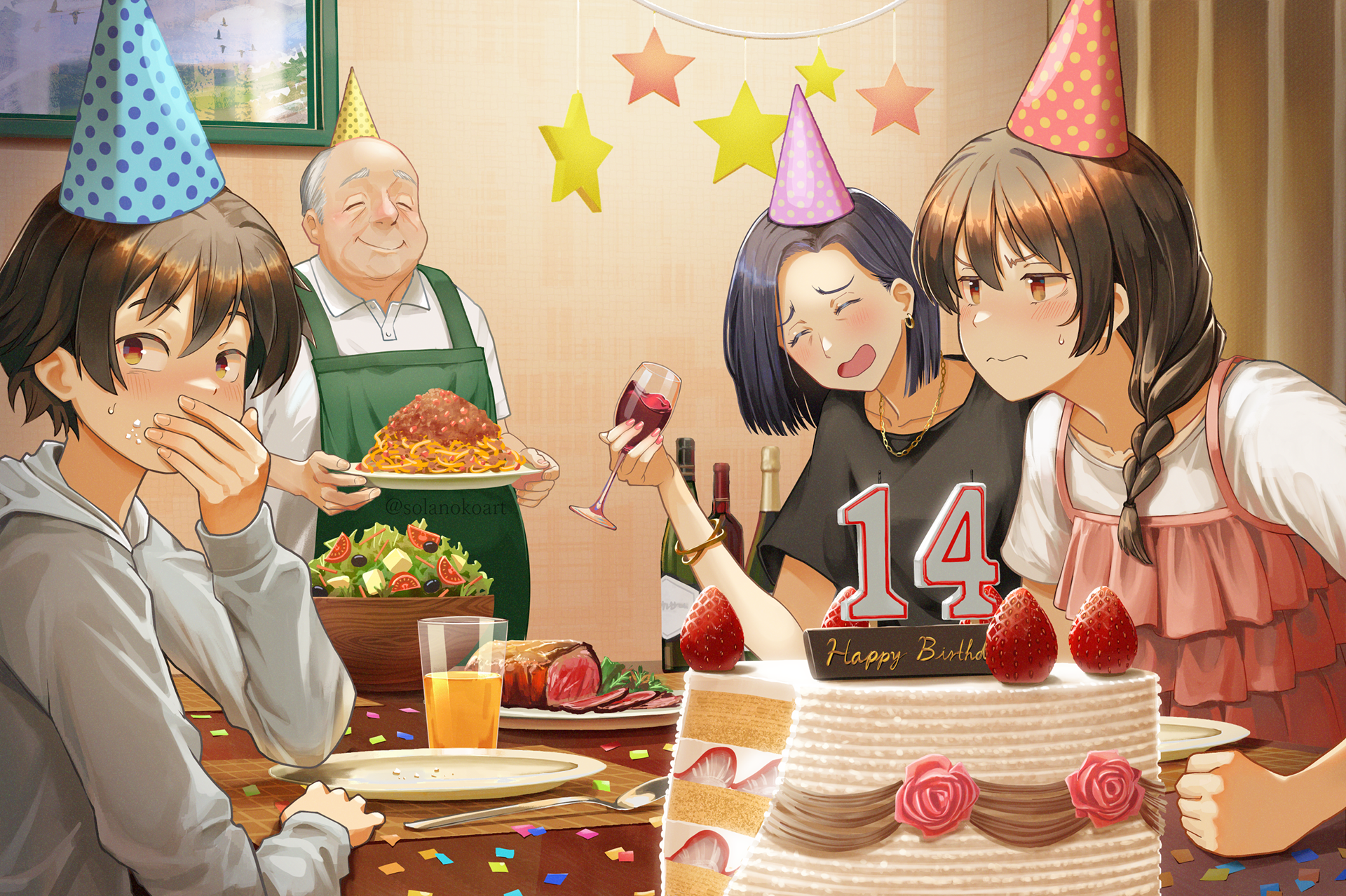 学校の課題作品。年齢性別がバラバラなキャラクター4人が食事をするシーンを描くというテーマ