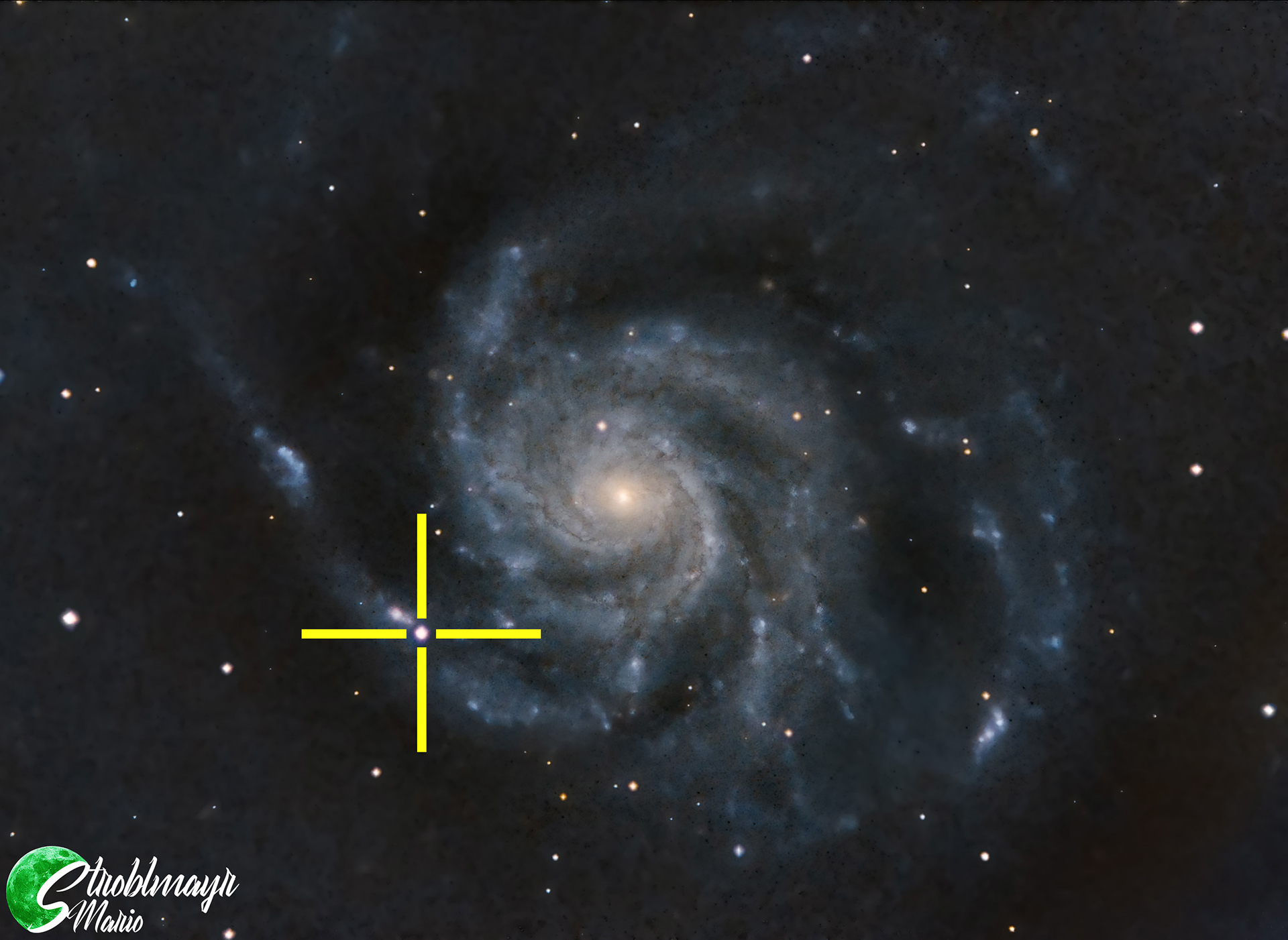 Die Whirlpoolgalaxie M101 mit der Supernova 2023ixf im 130mm Refraktor am 17.6.2023