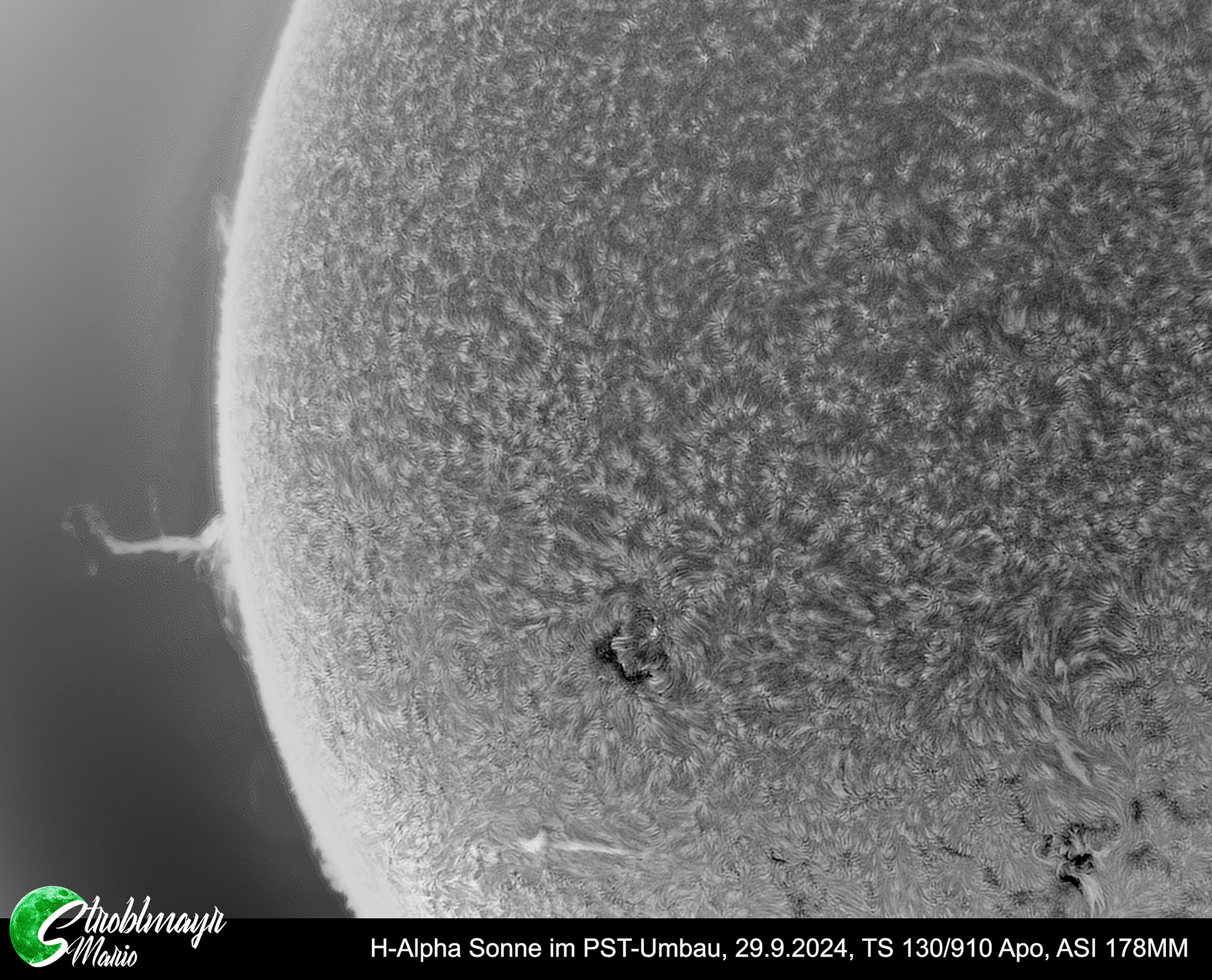 H-Alpha Sonne mit Protuberanz im PST-Umbau am 29.9.24