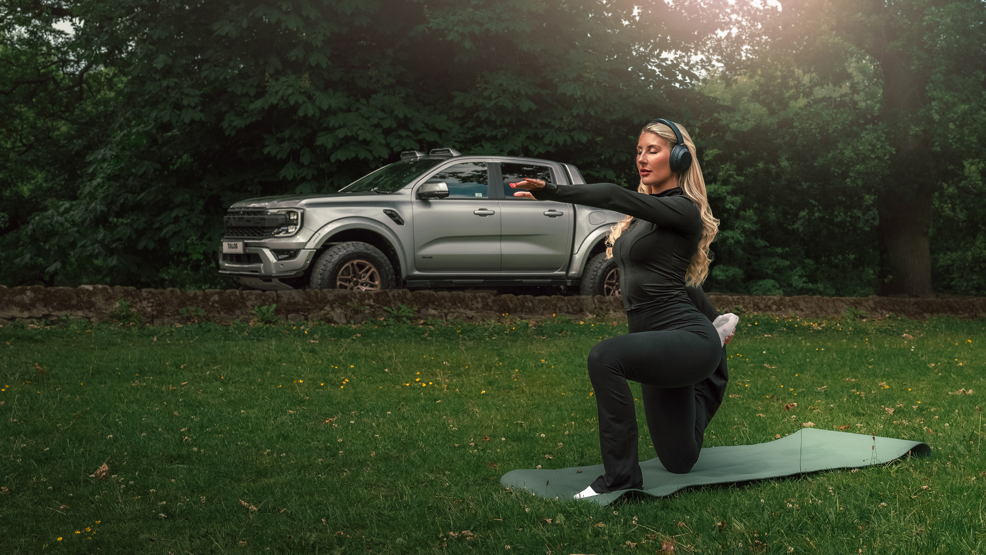 Ford Raptor lifestyle cinematography, luxury automotive filmmaking showing a daily routine, 013 Create commercial video featuring school run, yoga in the park, and city driving