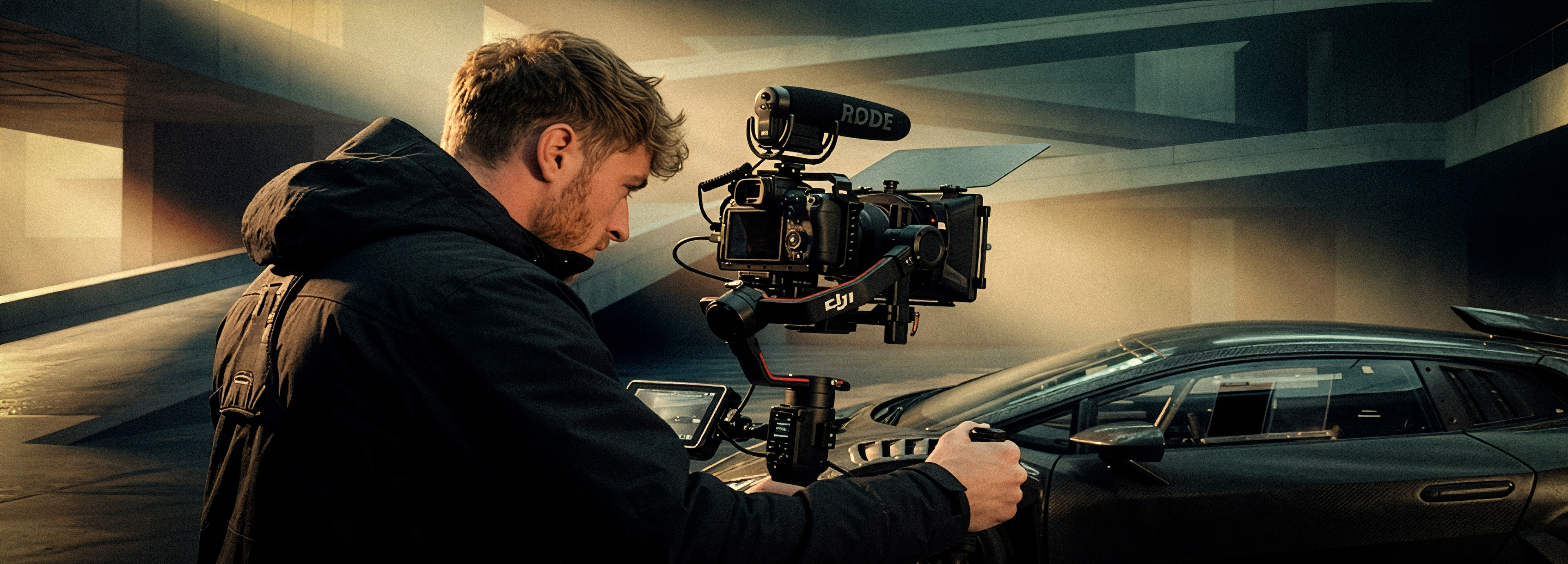 Automotive cinematographer and Director of Photography Adam Gofton operating a Canon R6 Mk III camera on a DJI gimbal with a matte box, external monitor, and shotgun microphone, filming a dark grey Lamborghini Super Trofeo race car in a sophisticated, moody West Yorkshire garage workshop. Behind-the-scenes production shot showing professional visual architecture and Macro-to-Motion style.