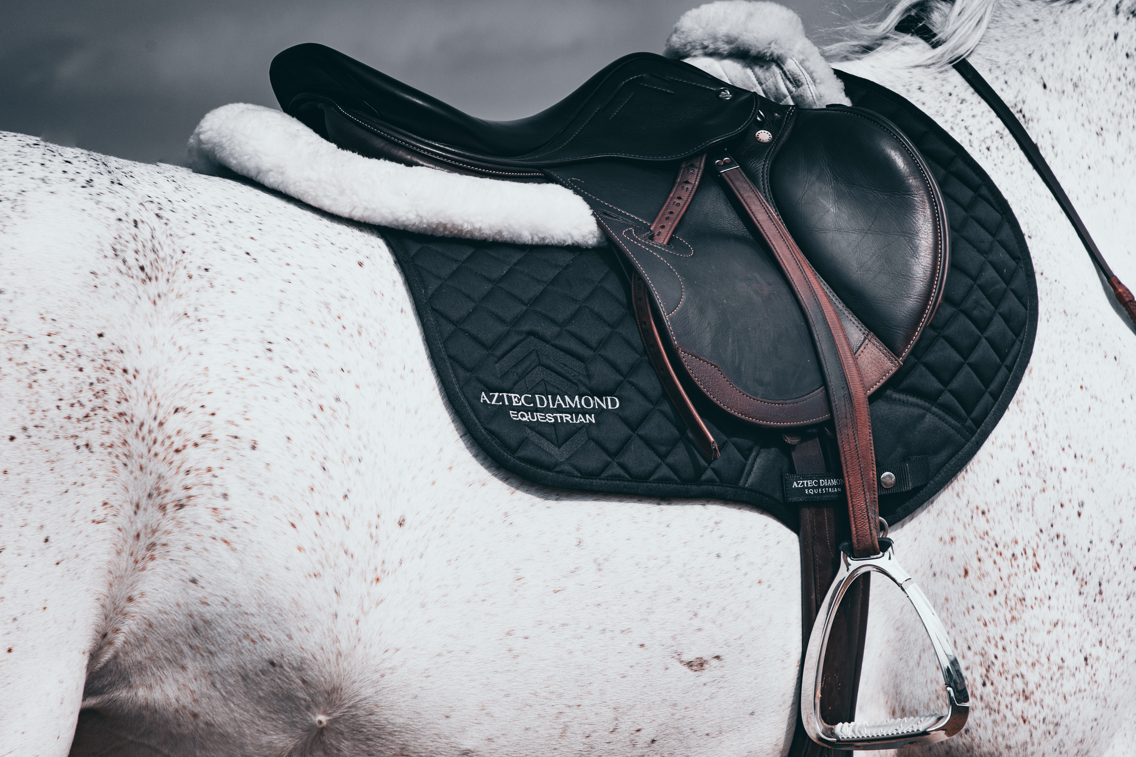 Editorial fashion cinematography for the Aztec Diamond 19 Collection, highlighting equestrian style and fabric motion.