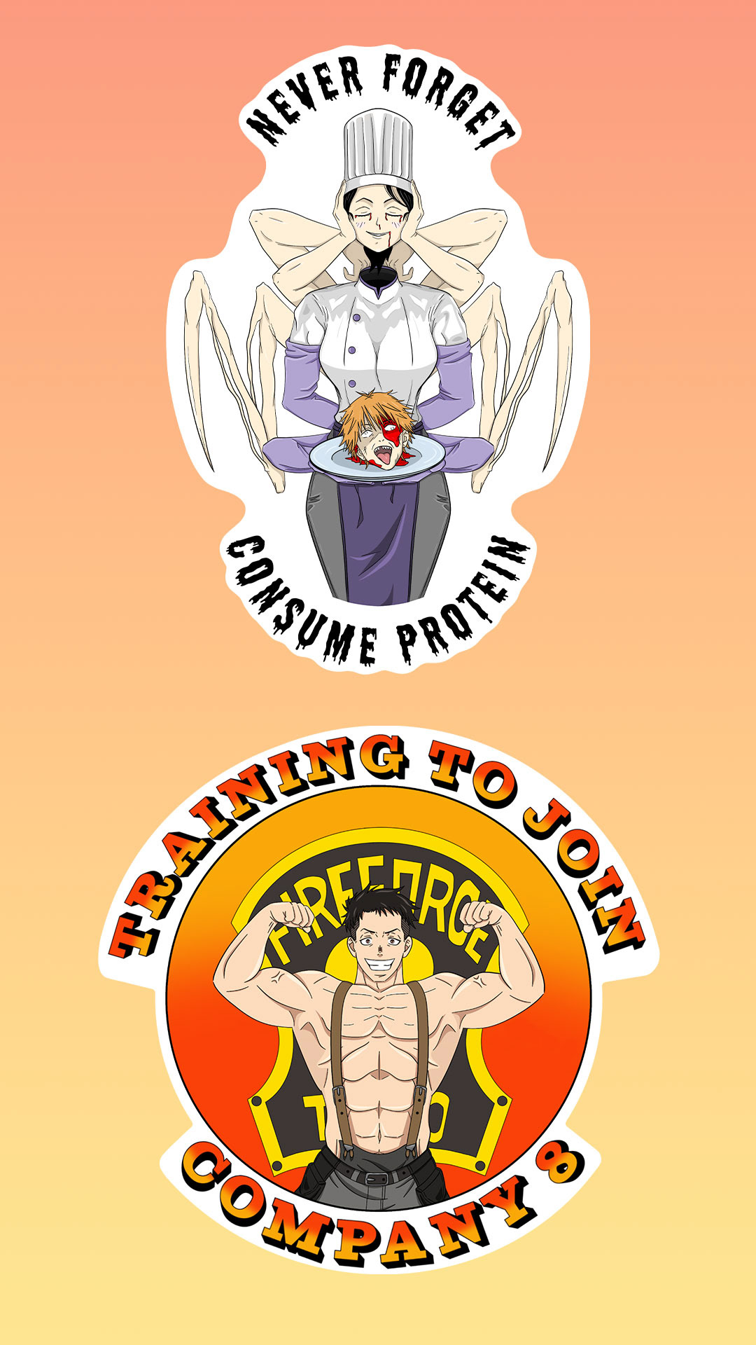 Stickers of the Falling Devil and Obi