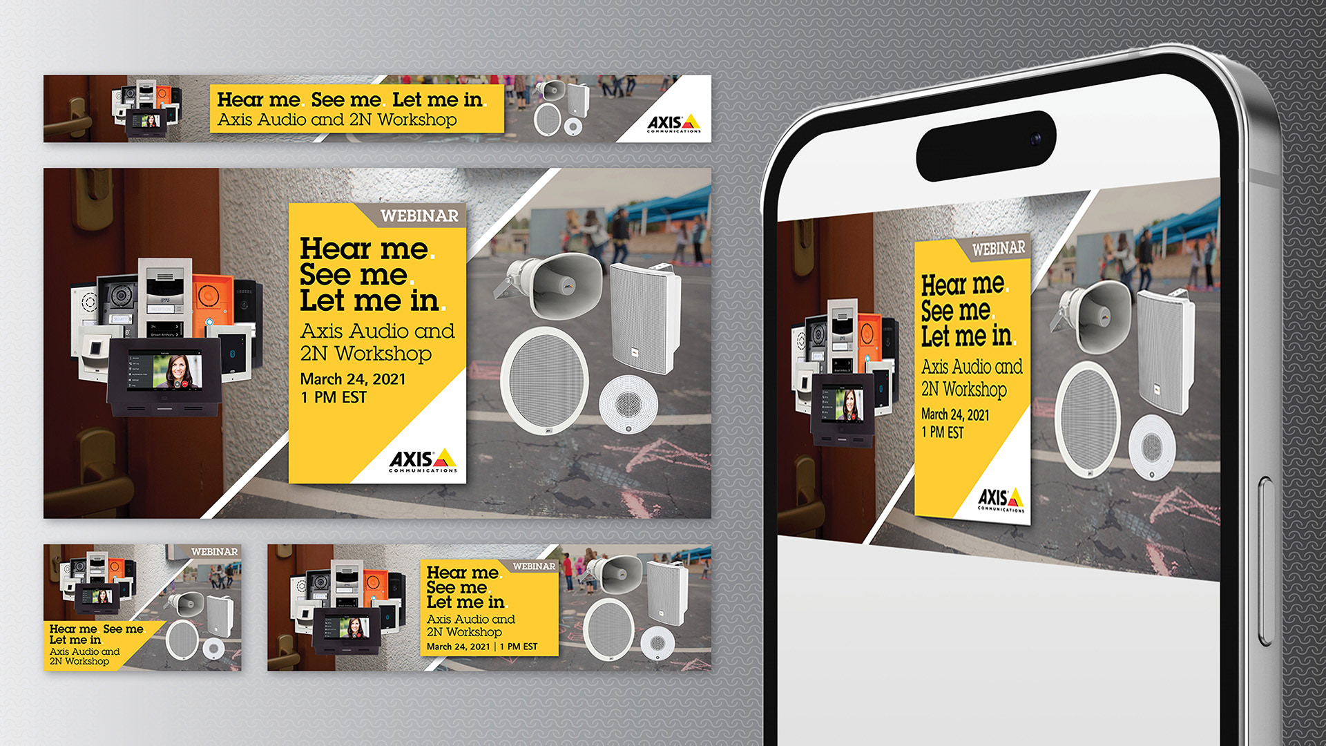 Digital banners for a webinar in various sizes.