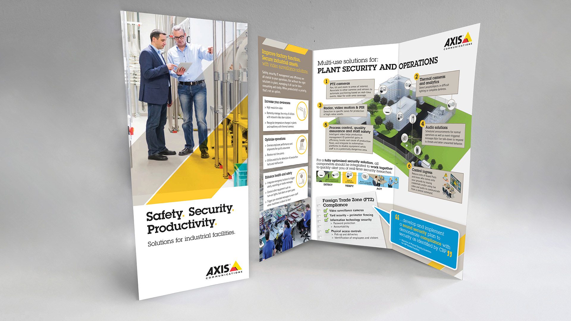 Printed brochure highlighting industrial facilities security solutions.