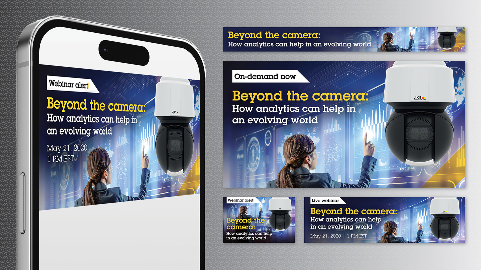 Digital banners for a webinar in various sizes.