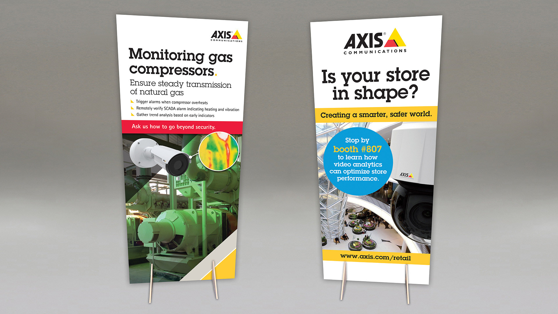 Pullup banners highlighting critical infrastructure and retail environments.