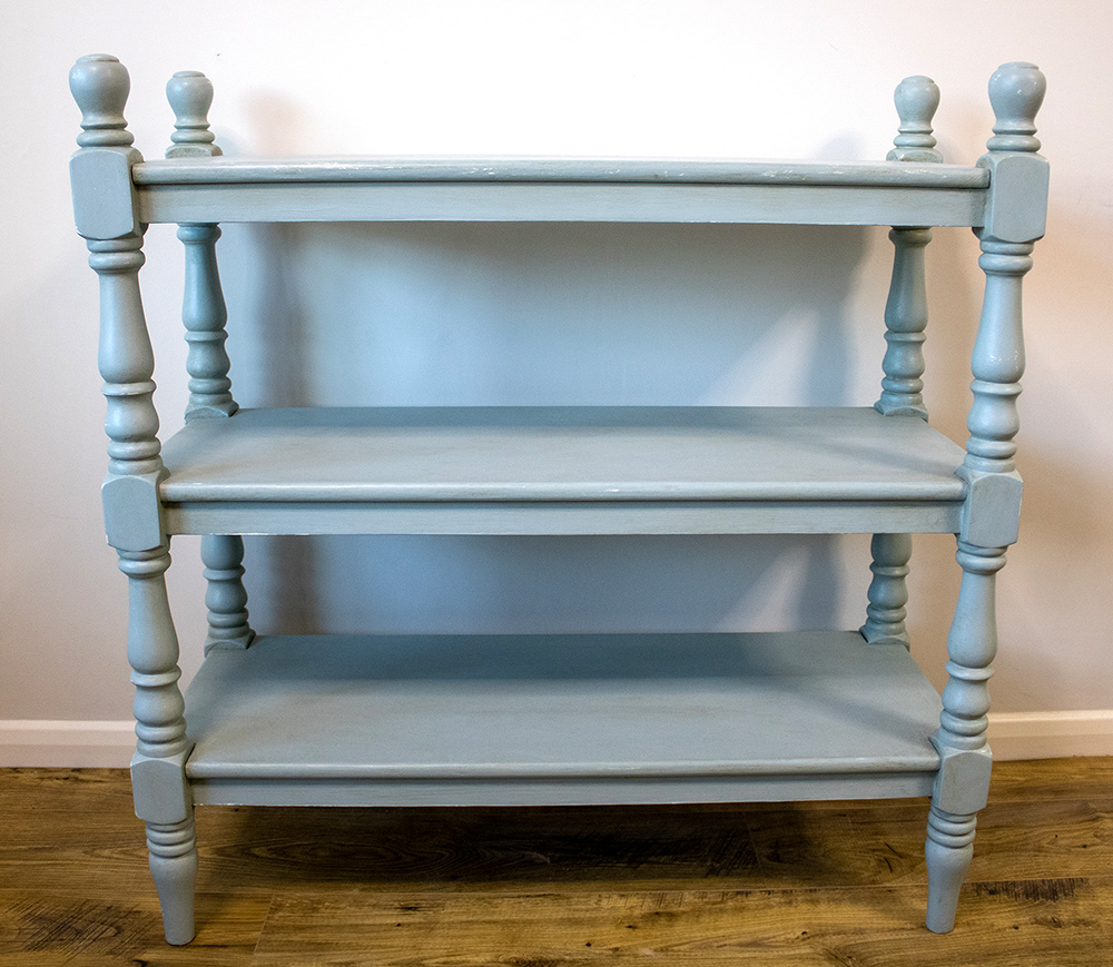 Vintage solid pine distressed shelf unit hand painted with Annie Sloan Old White and Svenska Blue chalk paint by Blue Quartz Design.