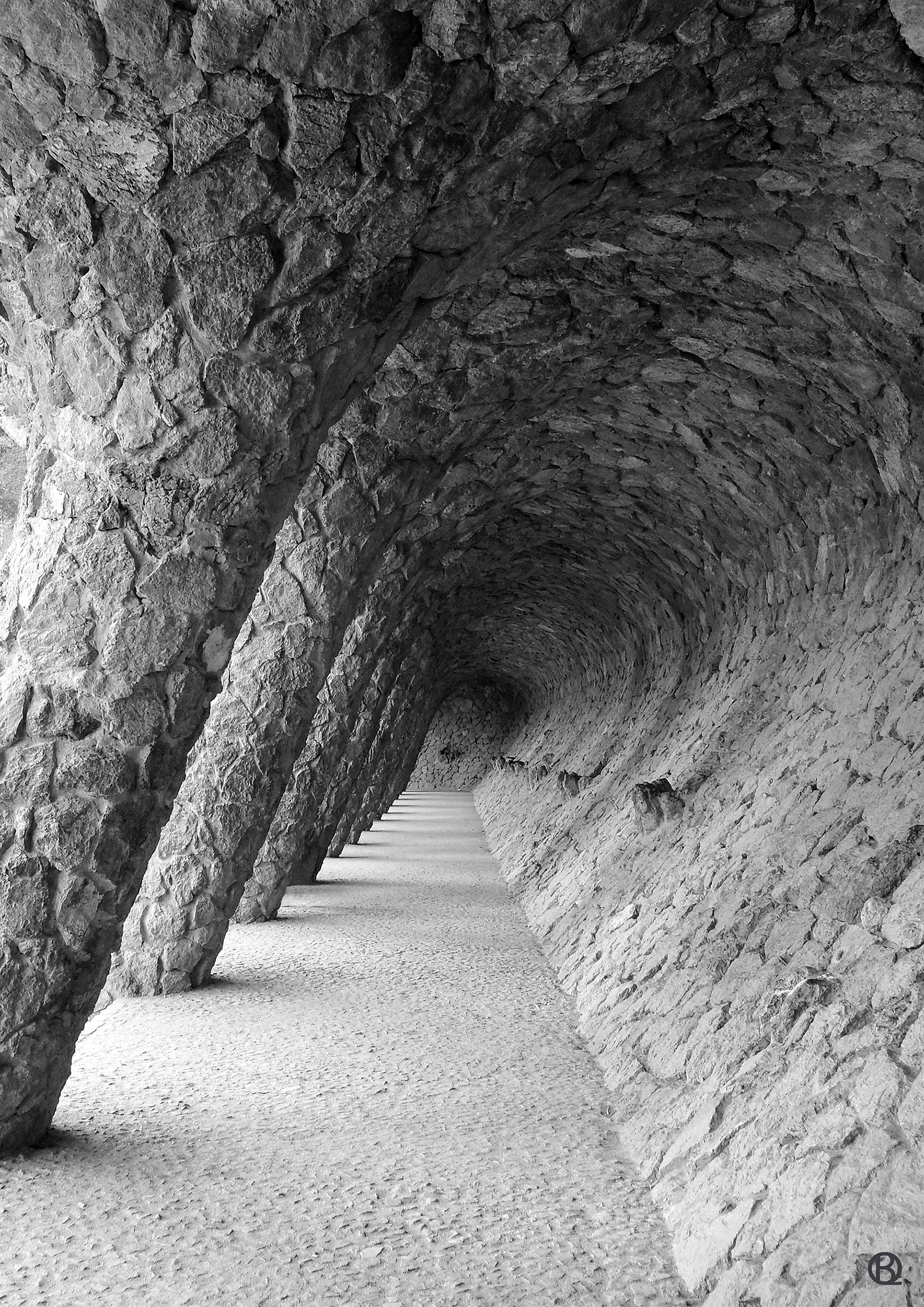 Original black and white photographic print from own photograph from the works of Antoni Gaudi in Park Güell, Barcelona, by Blue Quartz Design