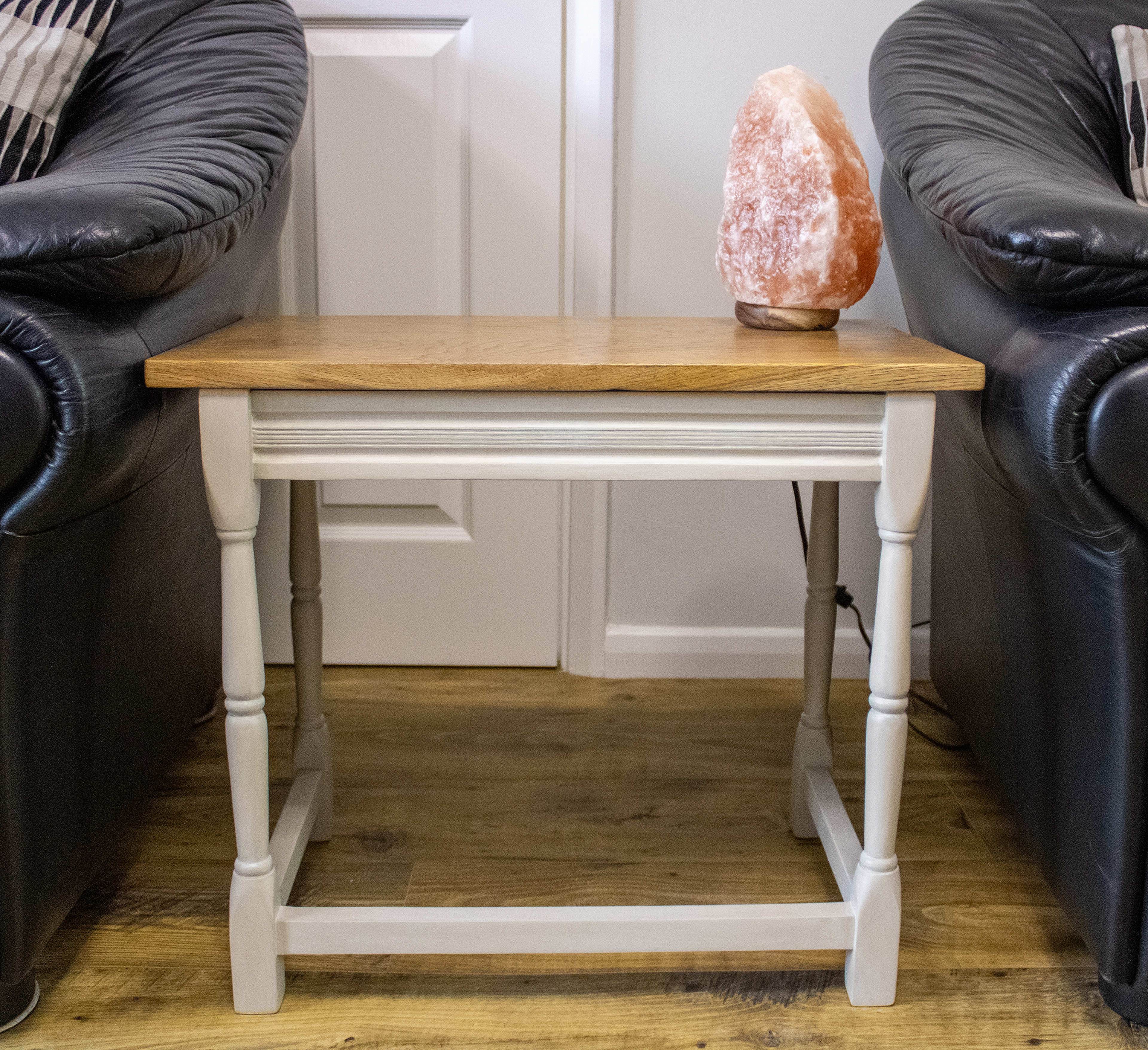 Upcycled vintage oak side table, hand painted with Annie Sloan Country Grey, Olive chalk paint and finished with white wax. Height: 47.6cm, Length: 55cm, Width: 33cm. By Blue Quartz Design and Print