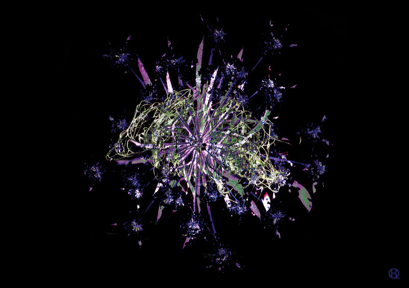 Dog and Flower Night Explosion, original print by Blue Quartz Design