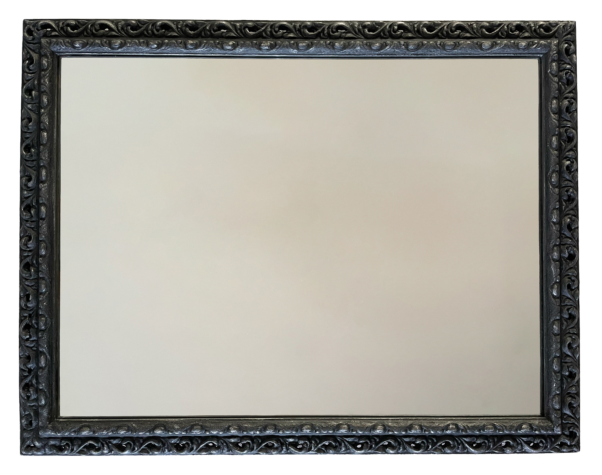  Upcycled, one off hand painted black ornate vintage mirror with silver gilding wax 53.6cm x 68.8cm.