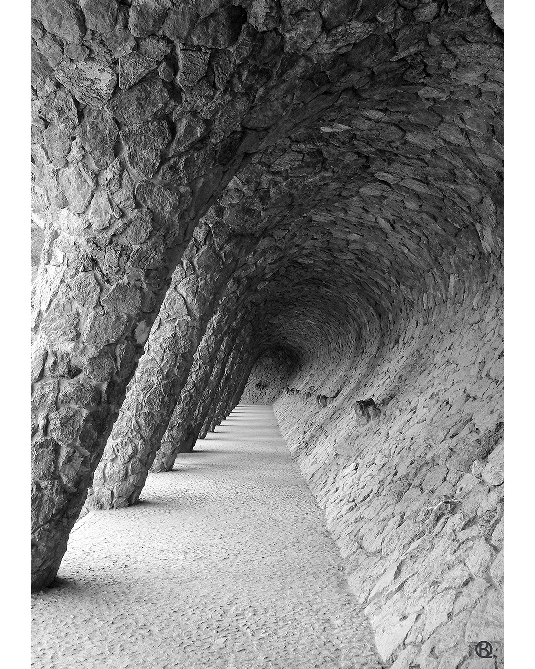 Original black and white photographic print from own photograph from the works of Antoni Gaudi in Park Güell, Barcelona, by Blue Quartz Design