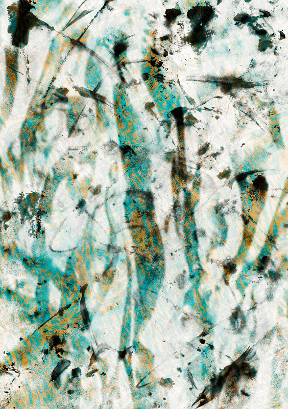 Abstract Gold, Turquoise and Black, original print by Blue Quartz Design