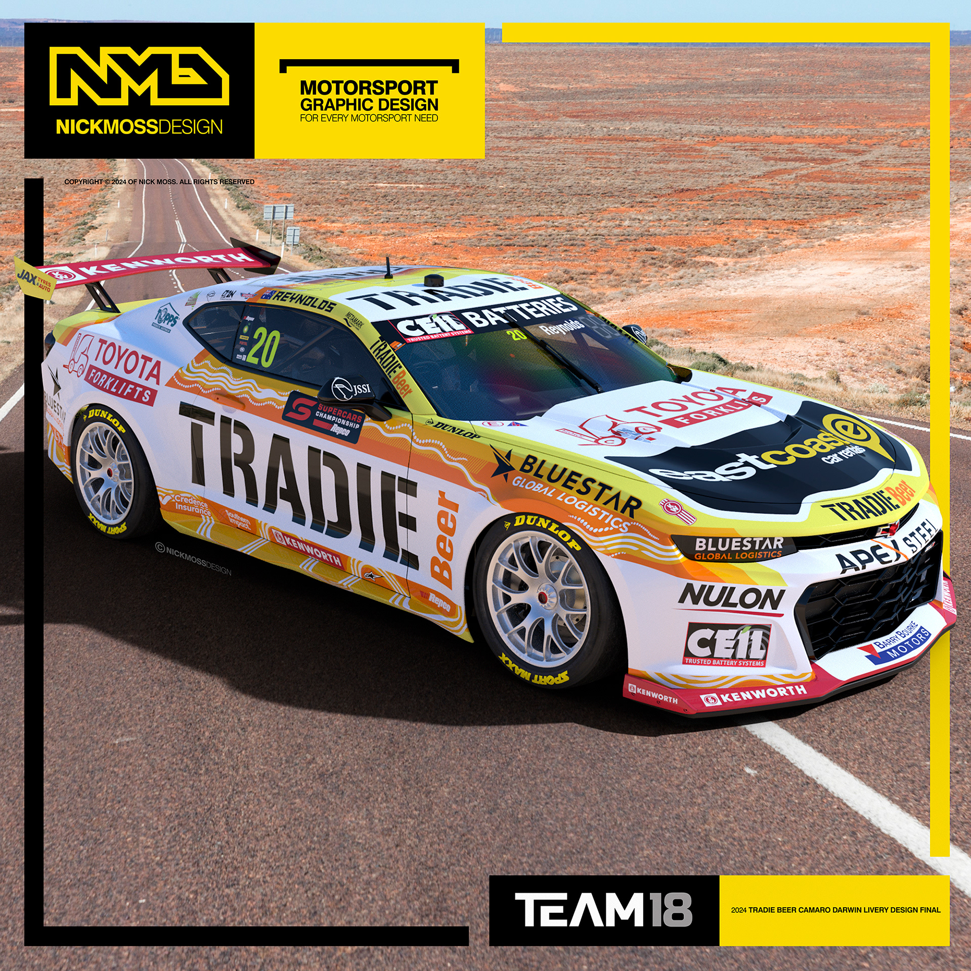 NMD nickmossdesign - 2024 TEAM18 David Reynolds TRADIE BEER Supercars Camaro Indigenous Livery Design