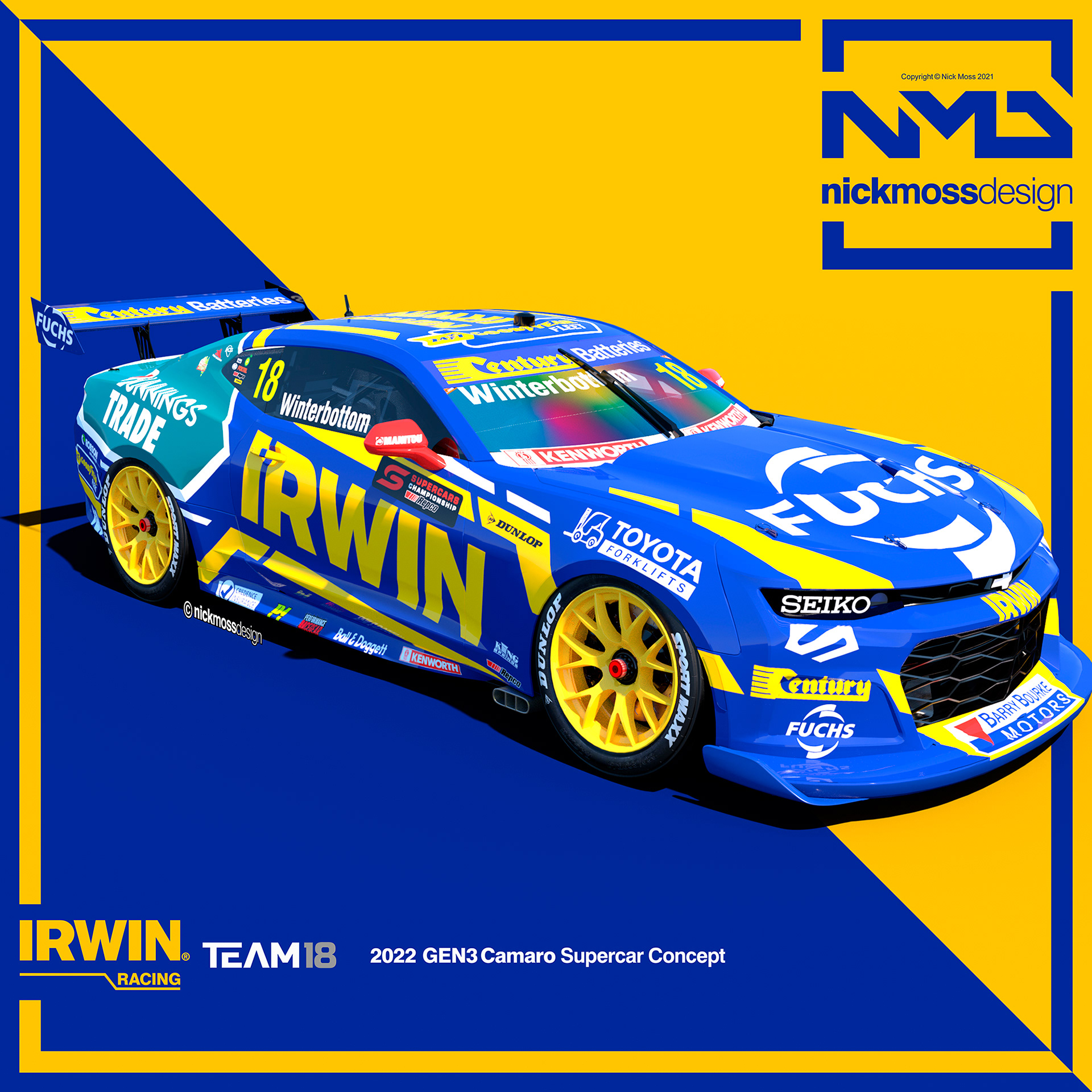 nickmossdesign - 2022 Team 18 GEN3 Supercars Camaro IRWIN Racing Mark Winterbottom Livery Design