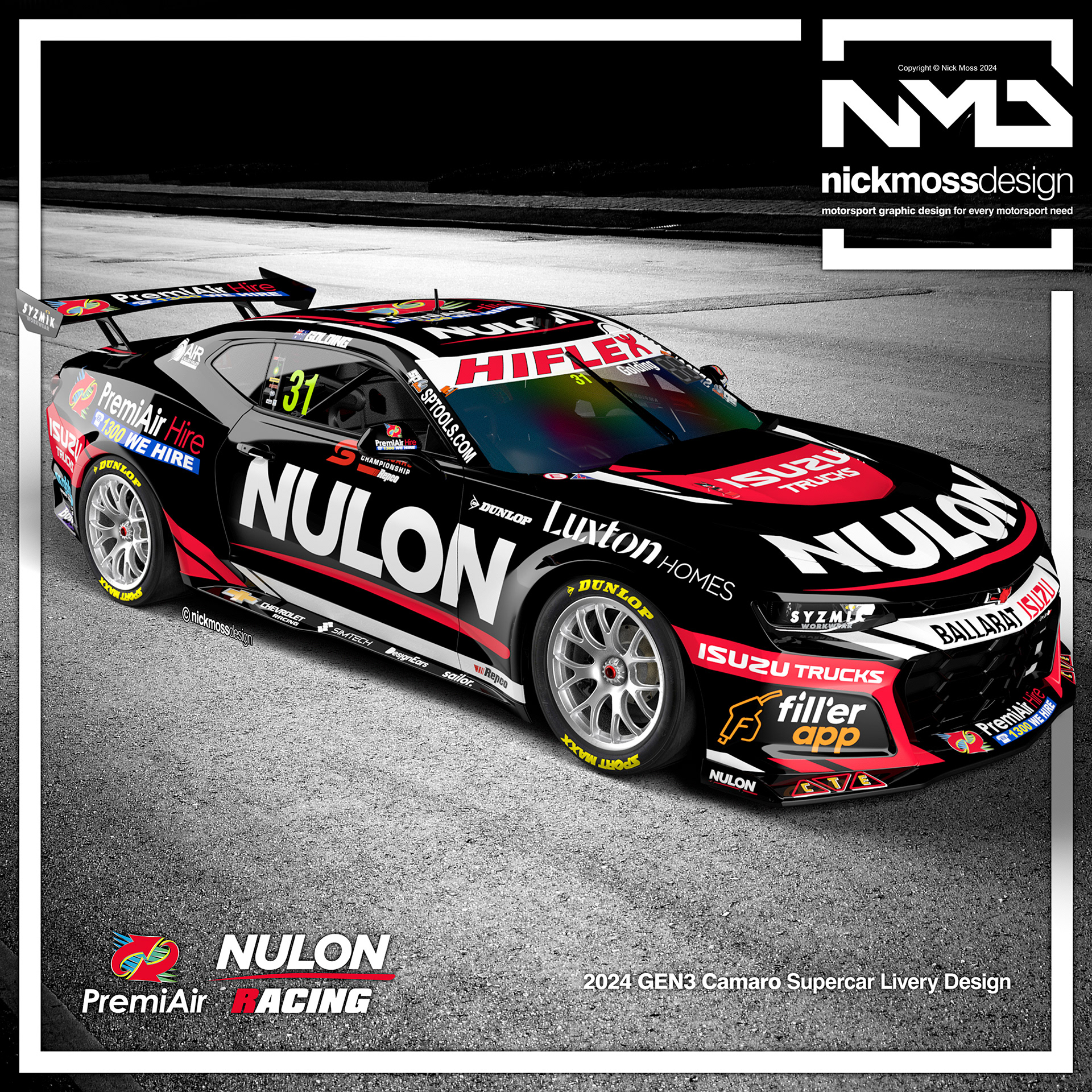 NMD nickmossdesign - 2024 PREMI-AIR NULON RACING GEN3 Supercar Camaro Livery Design