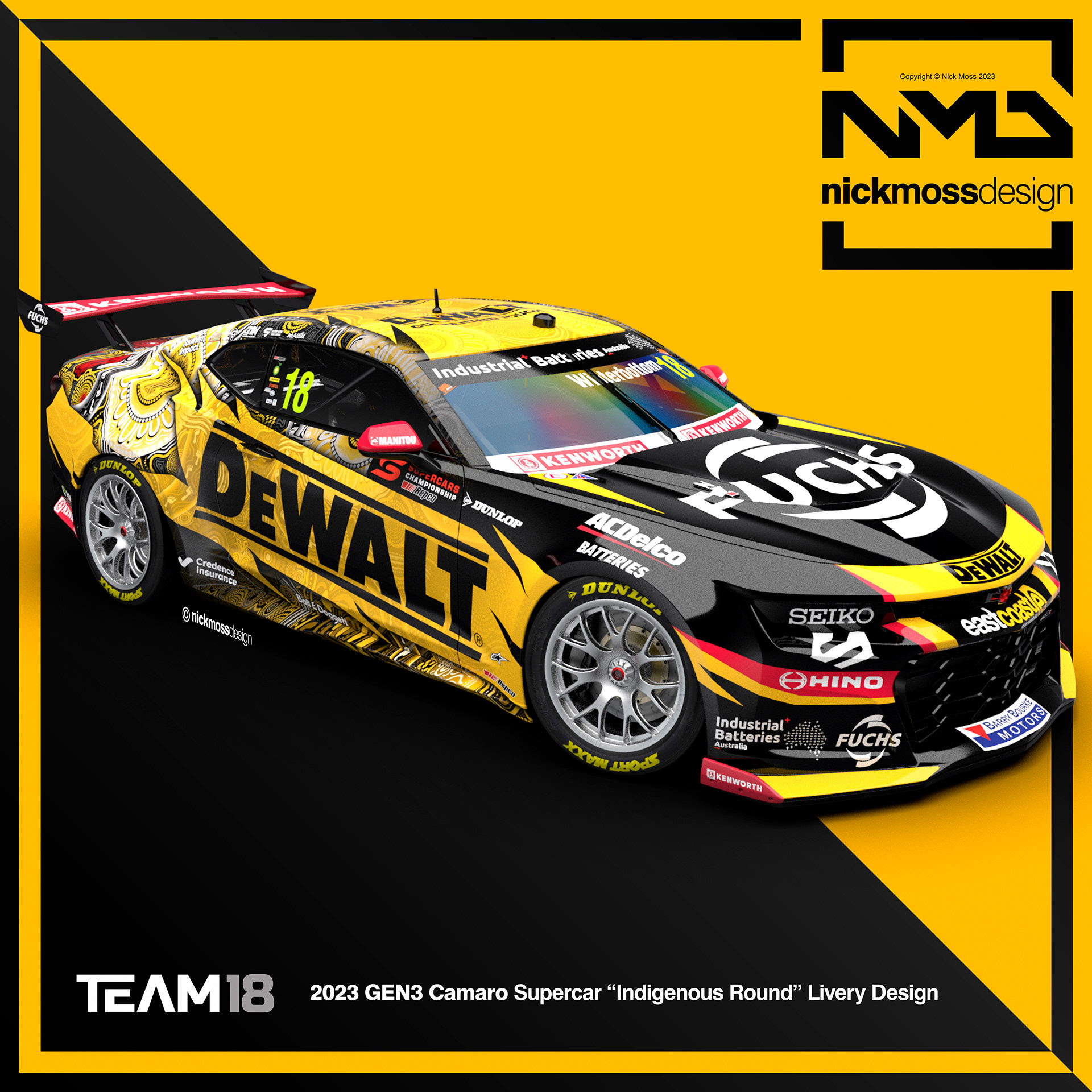 NMD nickmossdesign  - 2023 TEAM18 DEWALT GEN3 Camaro Supercars  INDIGENOUS Livery Design