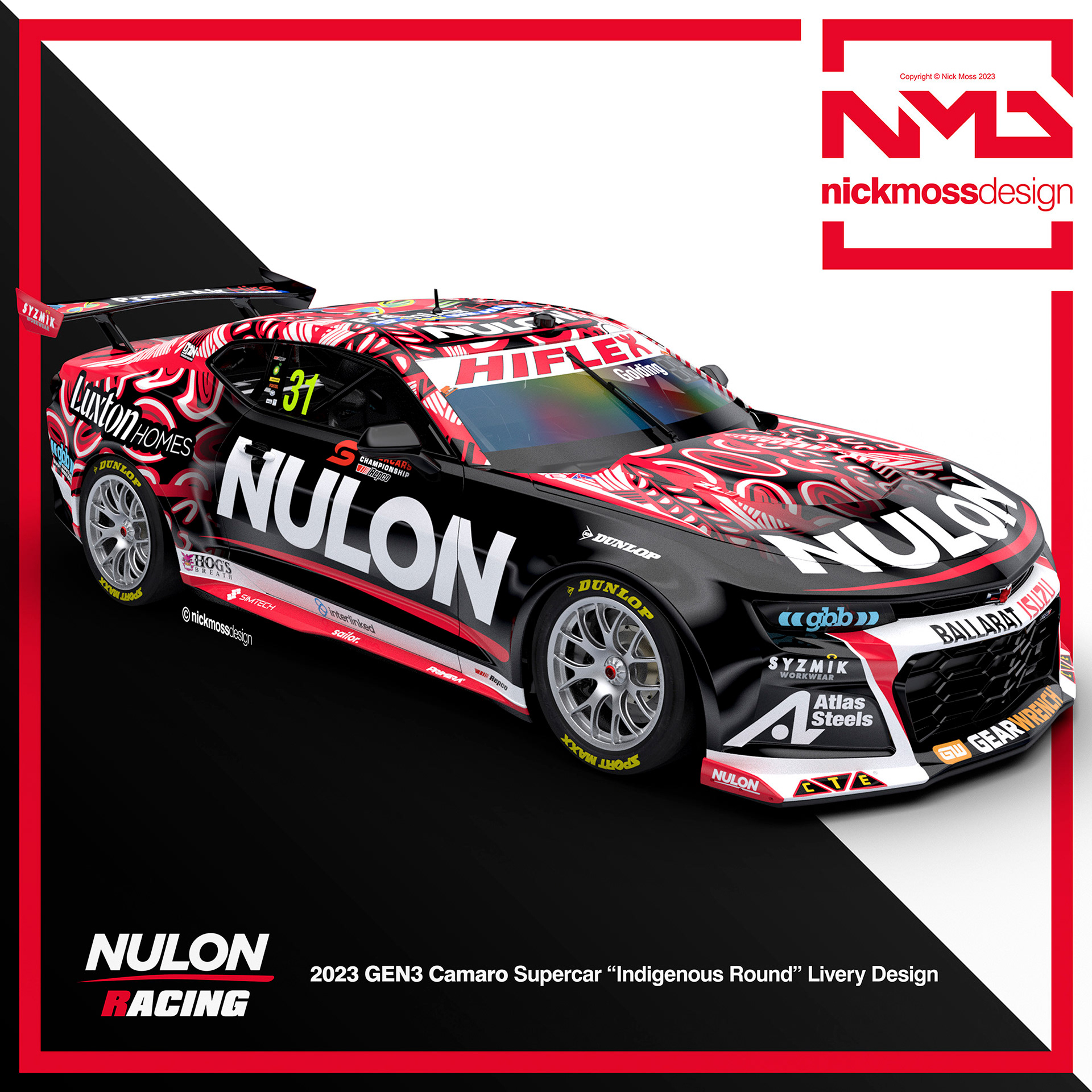 NMD nickmossdesign - 2023 NULON RACING / PREMI-AIR HIRE GEN3 Supercar Camaro INDIGENOUS Livery Design