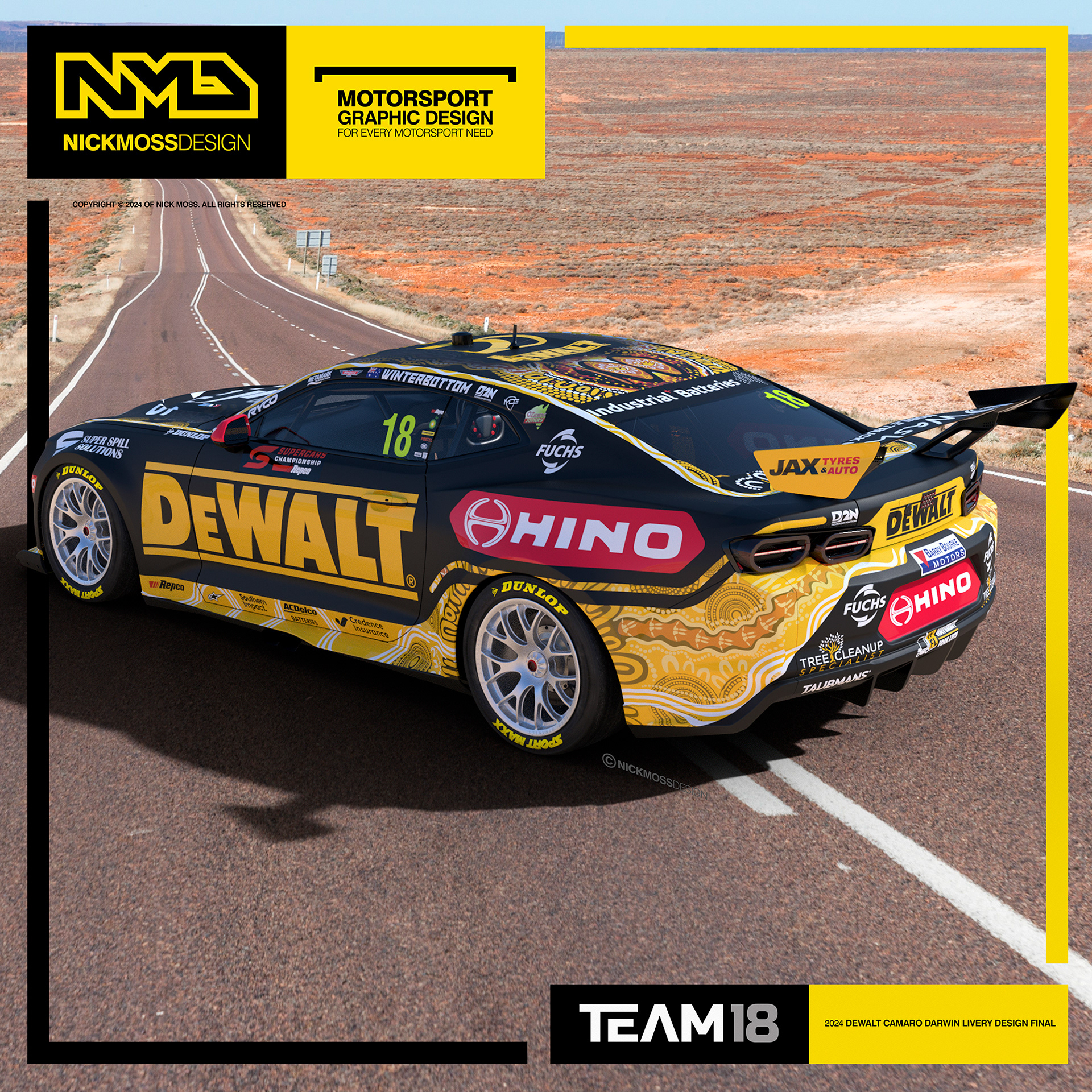 NMD nickmossdesign - 2024 TEAM18 Mark Winterbottom DEWALT Supercars Camaro Indigenous Livery Design