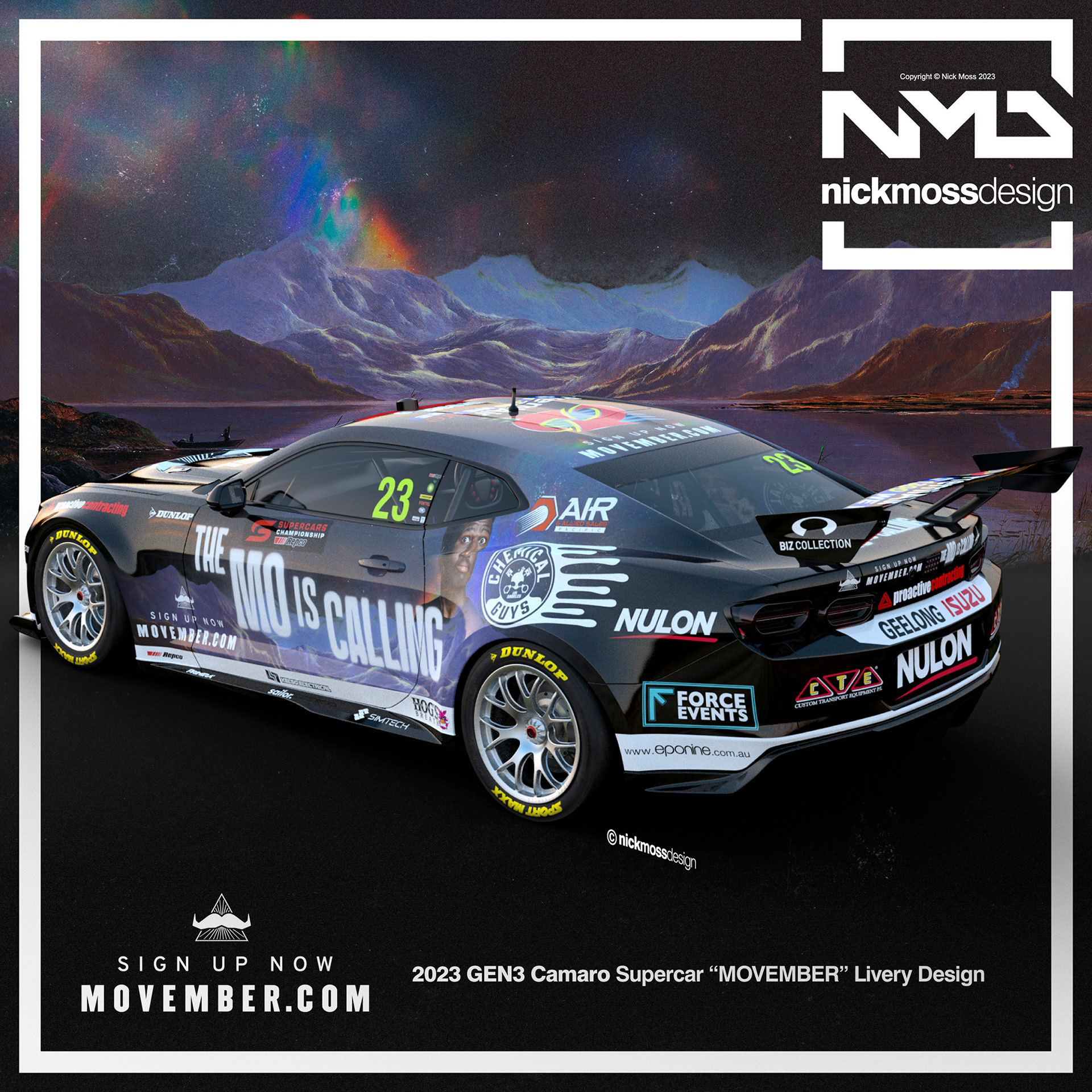 NMD nickmossdesign - 2023 MOVEMBER / PREMI-AIR HIRE GEN3 Supercar Camaro INDIGENOUS Livery Design