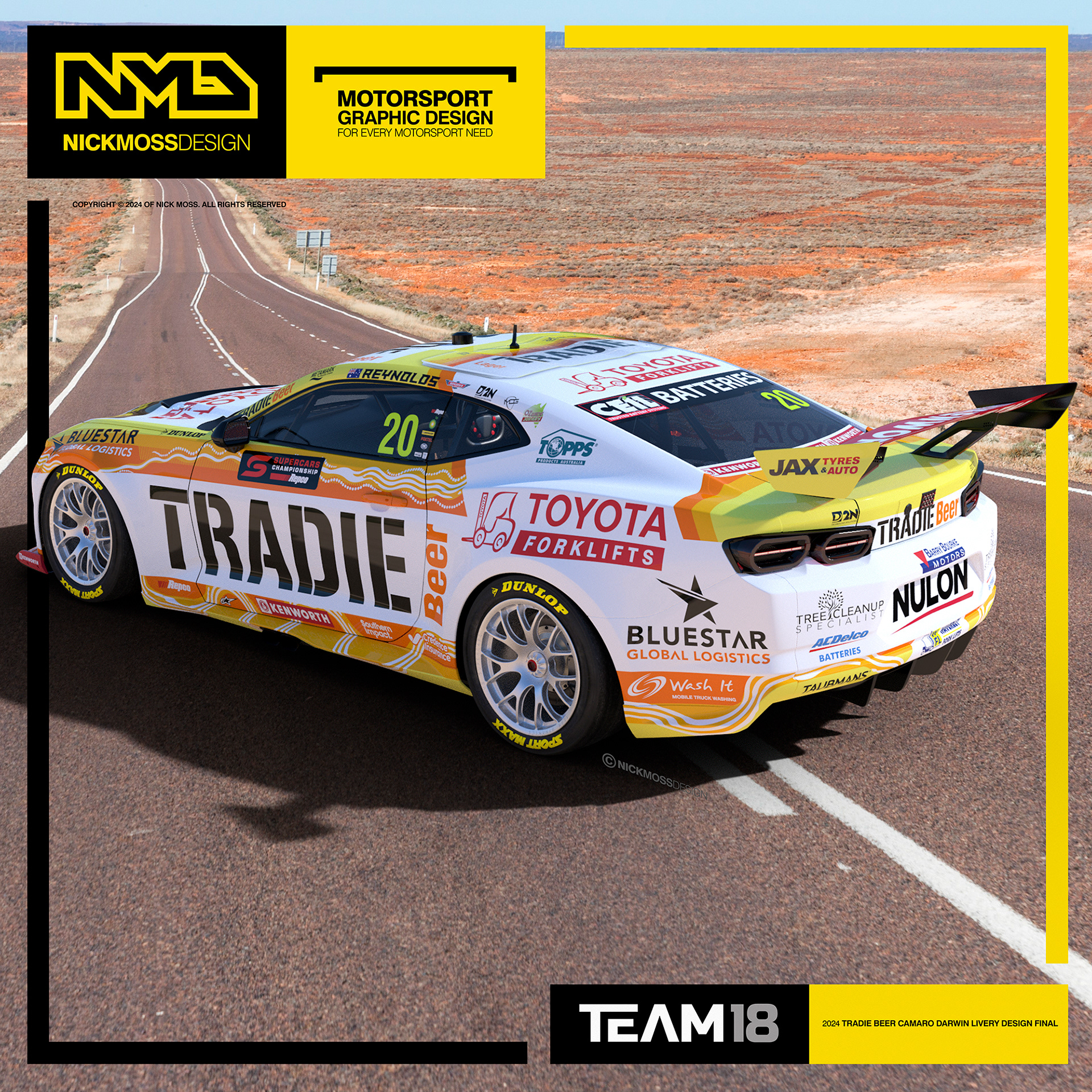 NMD nickmossdesign - 2024 TEAM18 David Reynolds TRADIE BEER Supercars Camaro Indigenous Livery Design