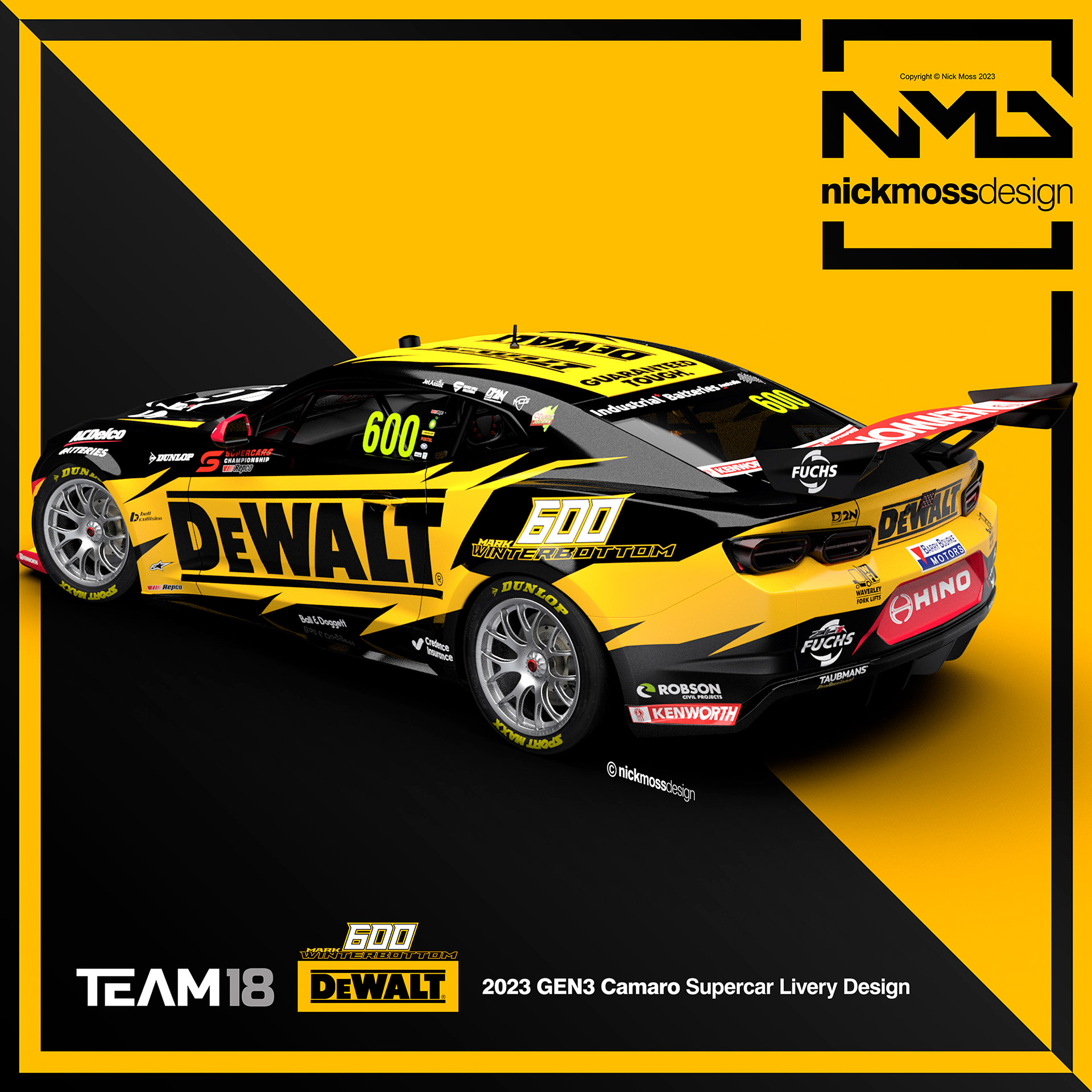 nickmossdesign.cNMD nickmossdesign  - 2023 TEAM18 DEWALT GEN3 Camaro Supercars Livery Designom - 2023 Team 18 DEWALT #mw600 Mark Winterbottom Supercars #liverydesign