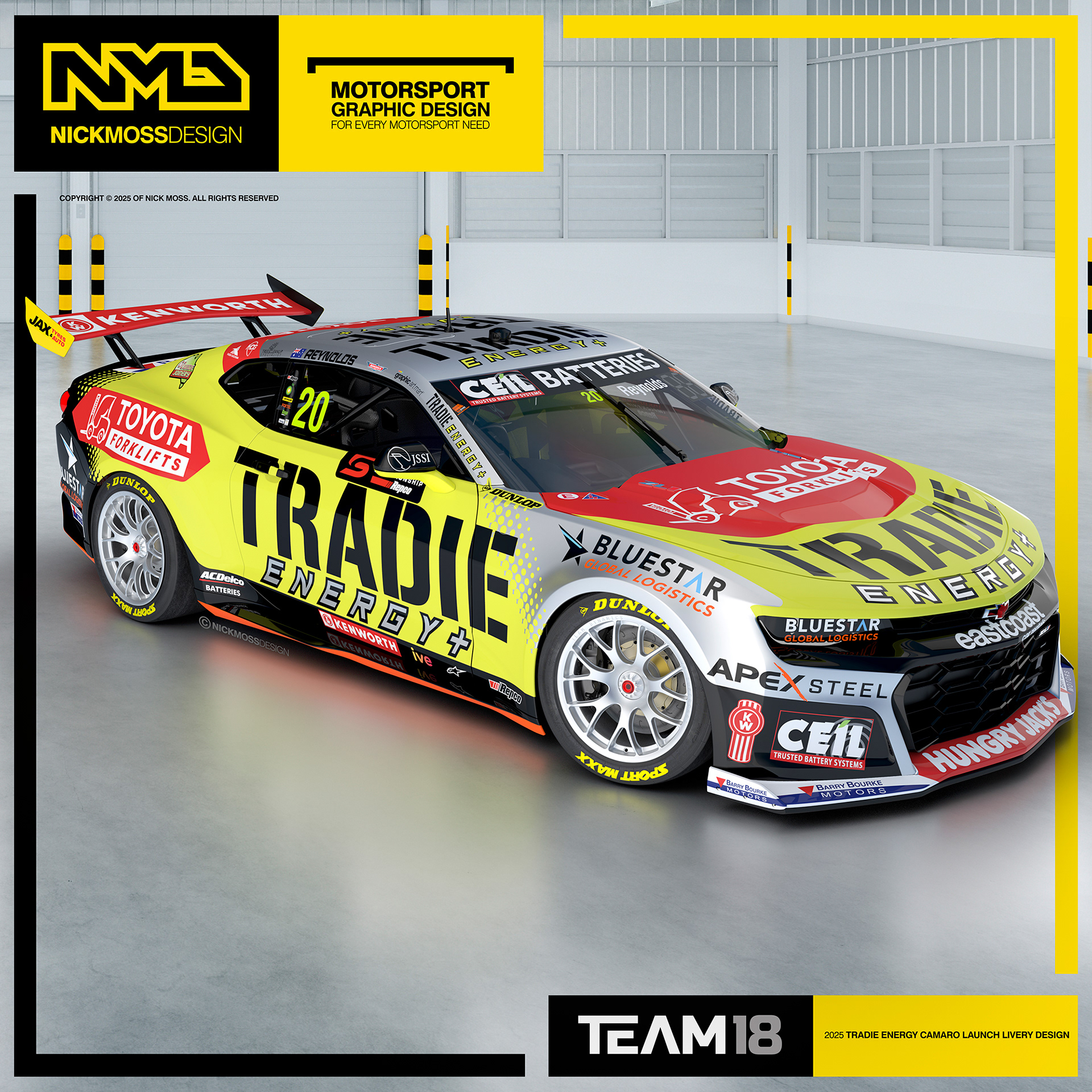 NMD nickmossdesign - 2025 TEAM18 David Reynolds TRADIE ENERGY Supercars Camaro Livery Design