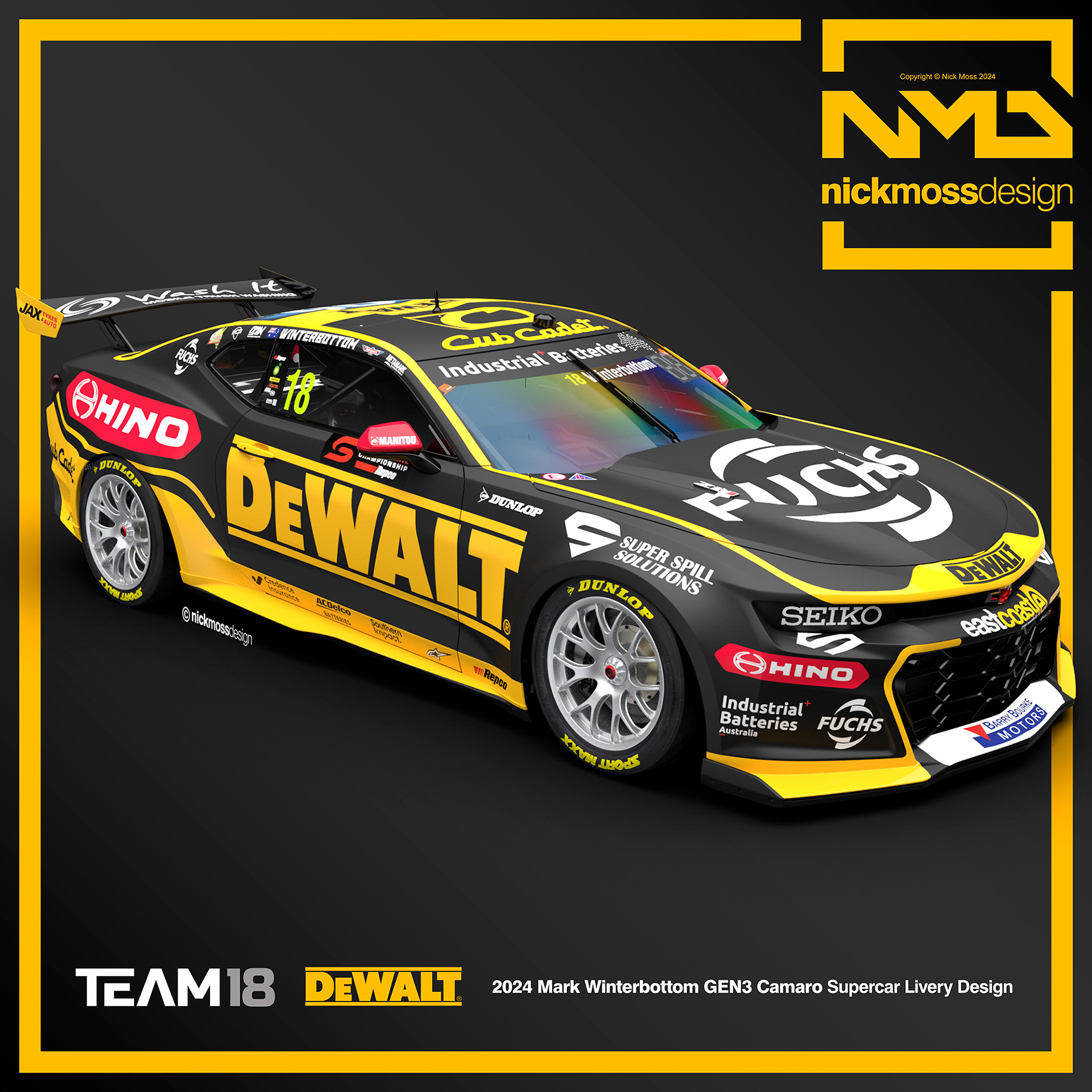 NMD nickmossdesign - 2024 TEAM18 Mark Winterbottom DEWALT Supercars Camaro Livery Design