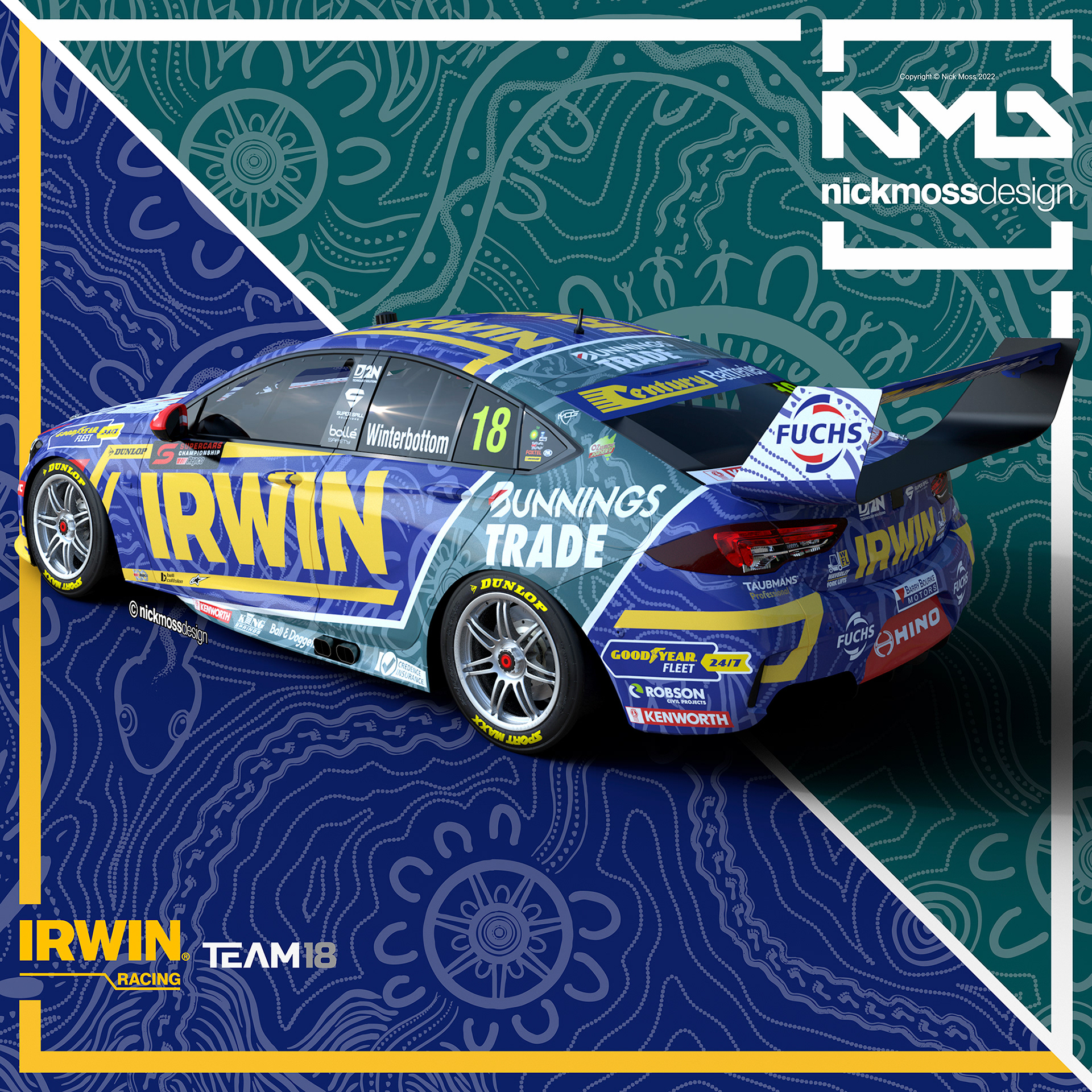 NMD nickmossdesign - 2022 TEAM18 IRWIN Mark Winterbottom Indigenous Round Supercars Livery Design