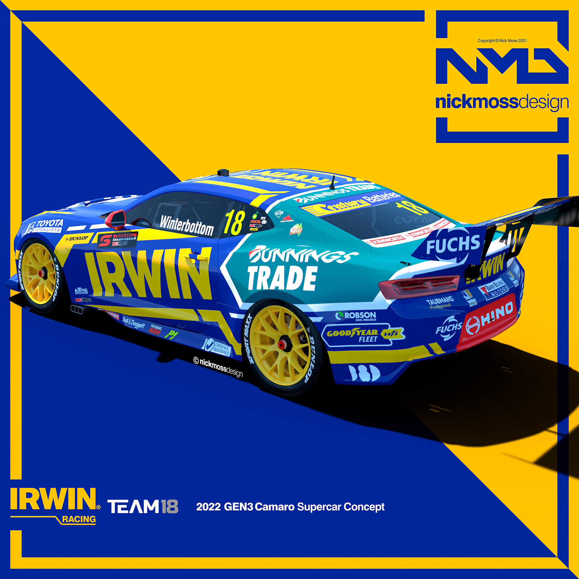 nickmossdesign - 2022 Team 18 GEN3 Supercars Camaro IRWIN Racing Mark Winterbottom Livery Design