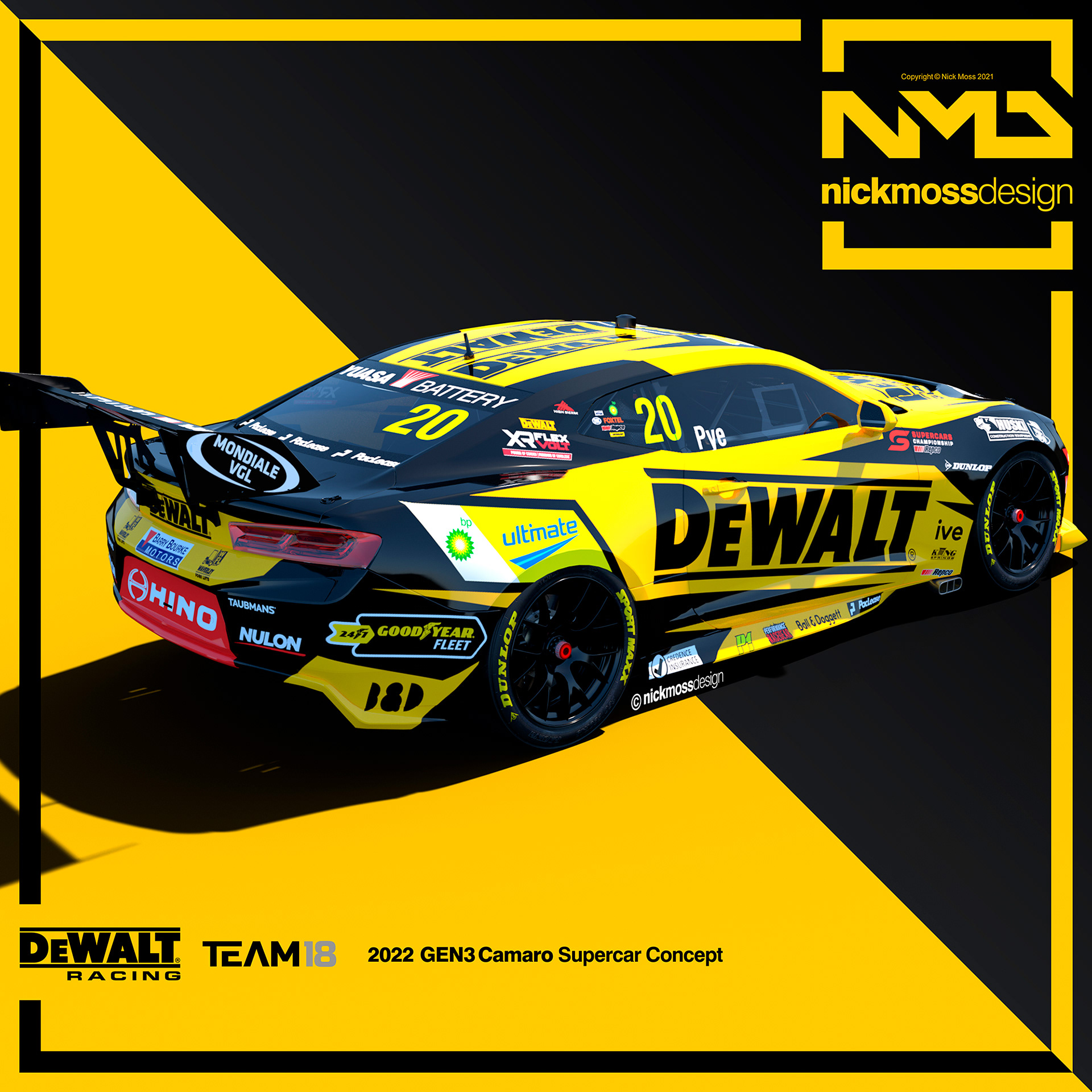 nickmossdesign - 2022 Team 18 GEN3 Supenickmossdesign - 2022 Team 18 GEN3 Supercars Camaro DEWALT Racing Scott Pye Livery Designrcars Camaro IRWIN Racing Mark Winterbottom Supercars Livery Design