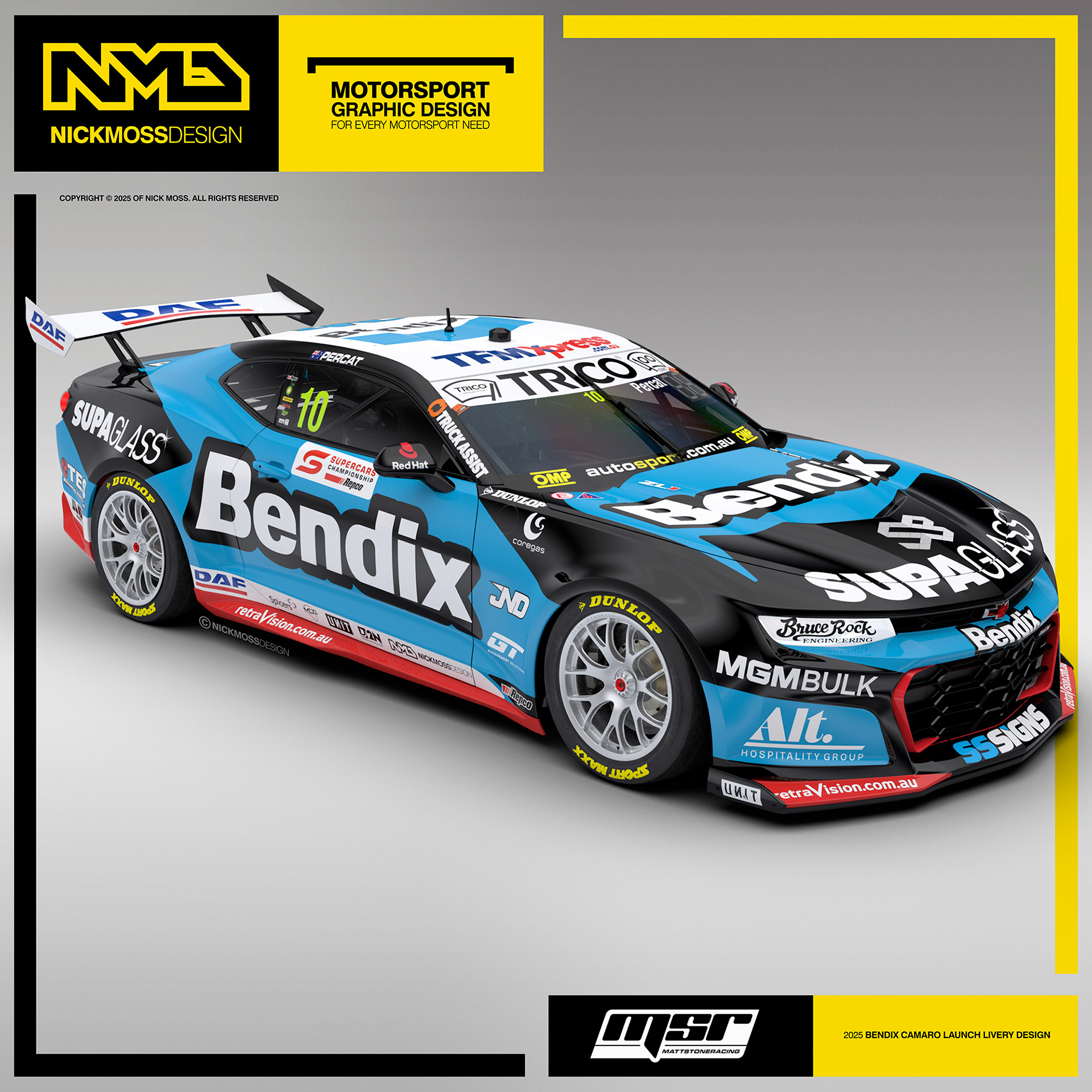 NMD nickmossdesign - 2025 Matt Stone Racing MSR Nick Percat Bendix Supercars Camaro Livery Design
