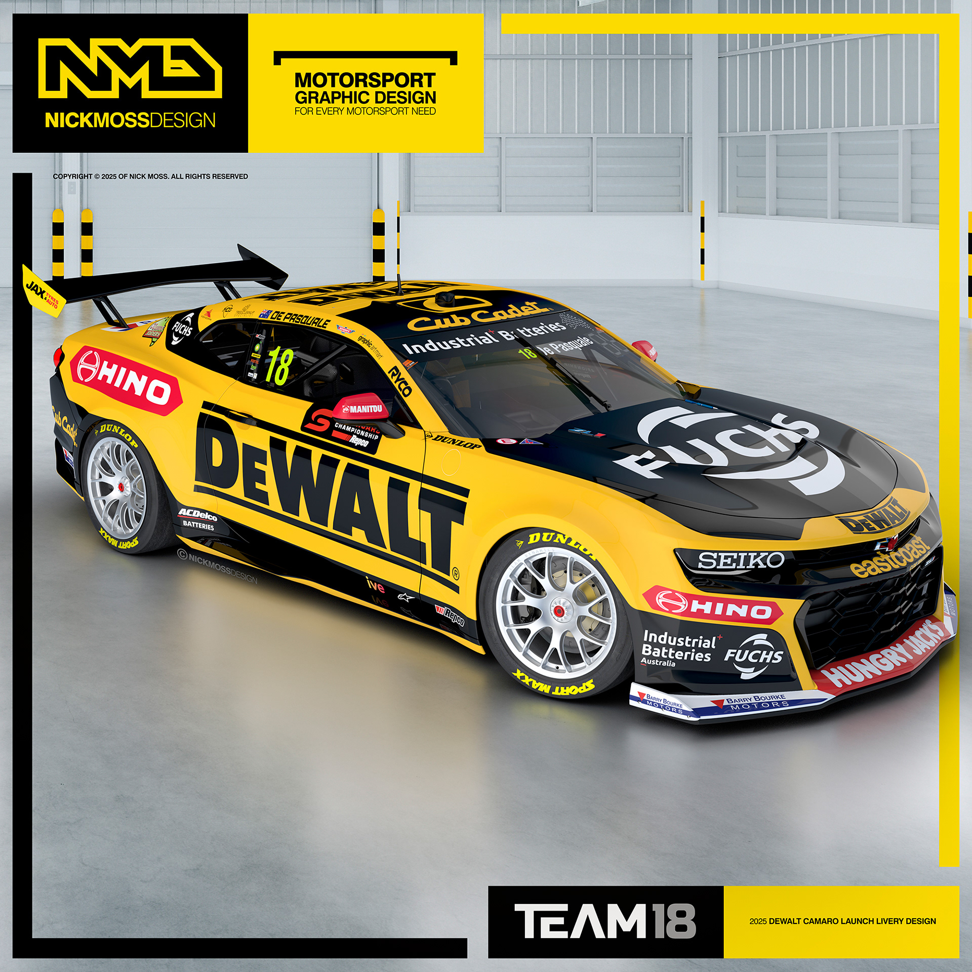 NMD nickmossdesign - 2025 TEAM18 Anton De Pasquale DEWALT Supercars Camaro Livery Design