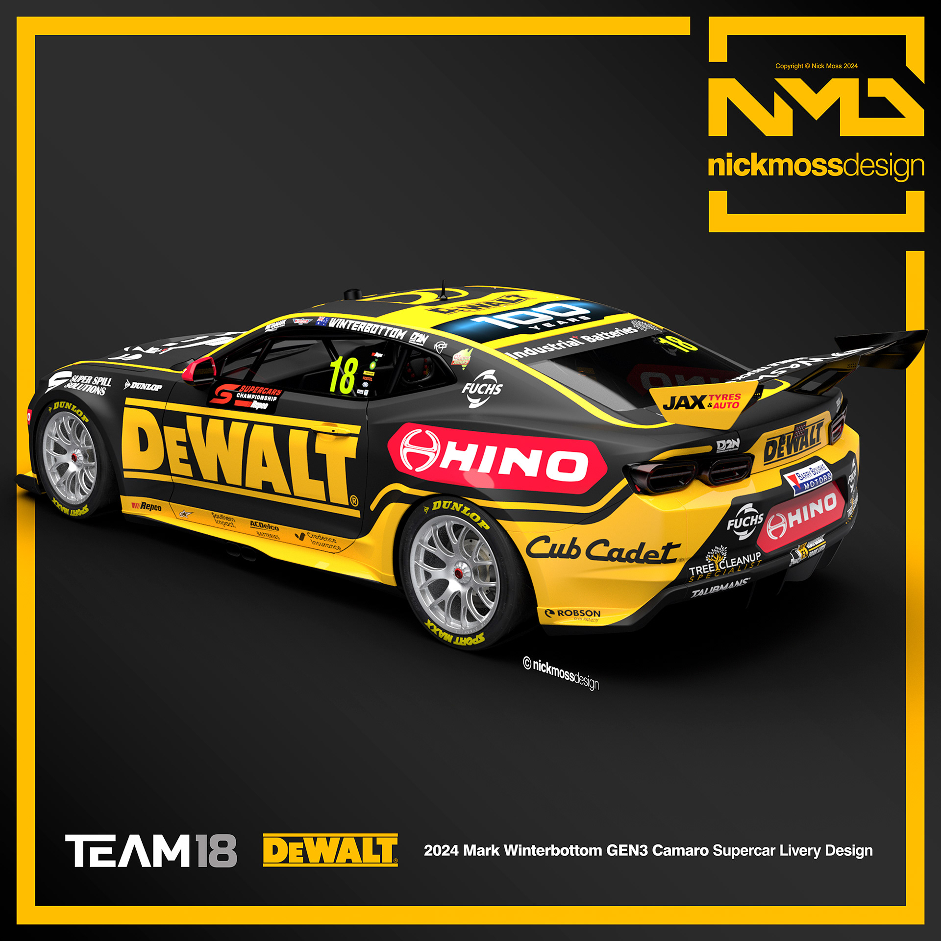 NMD nickmossdesign - 2024 TEAM18 Mark Winterbottom DEWALT Supercars Camaro Livery Design