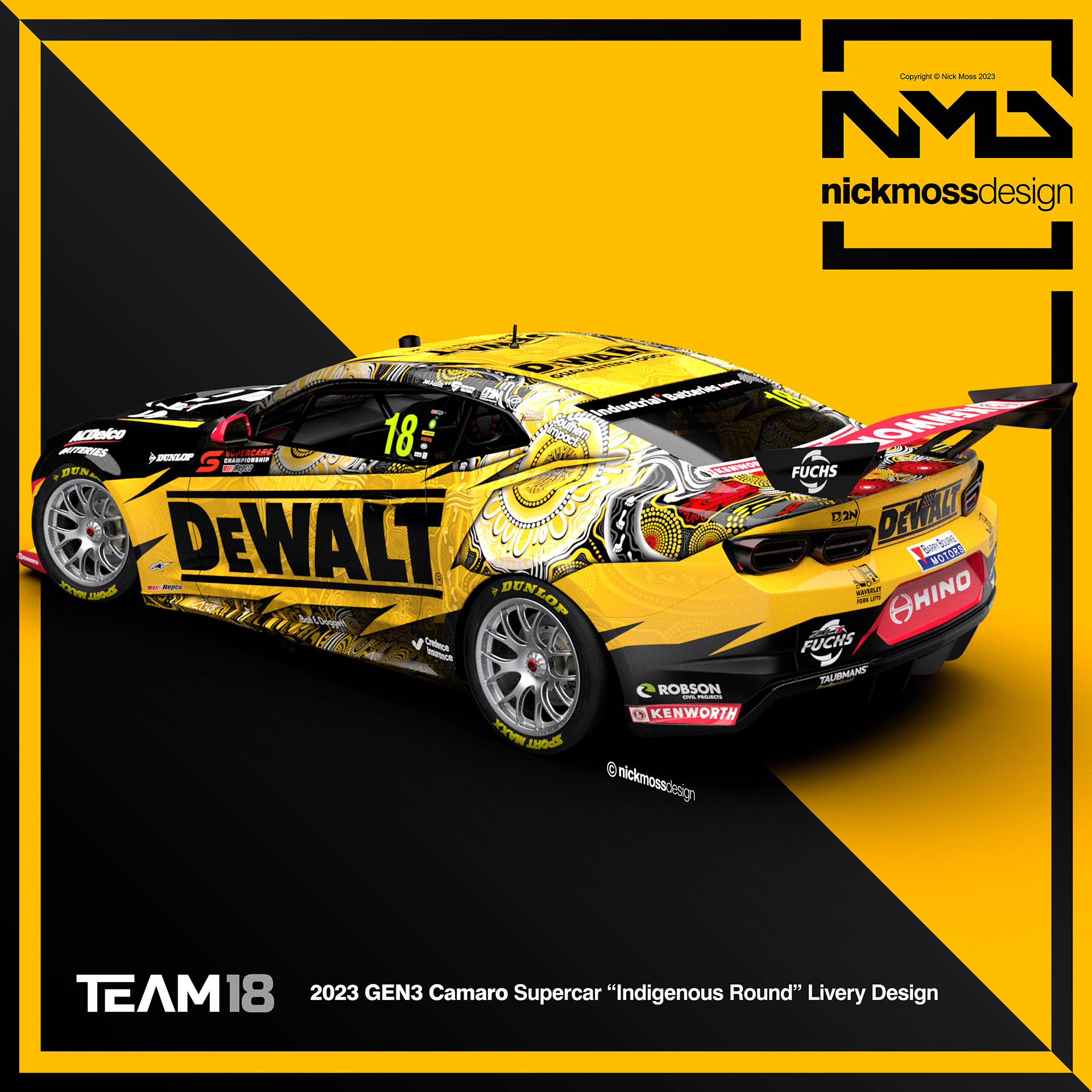 NMD nickmossdesign  - 2023 TEAM18 DEWALT GEN3 Camaro Supercars  INDIGENOUS Livery Design