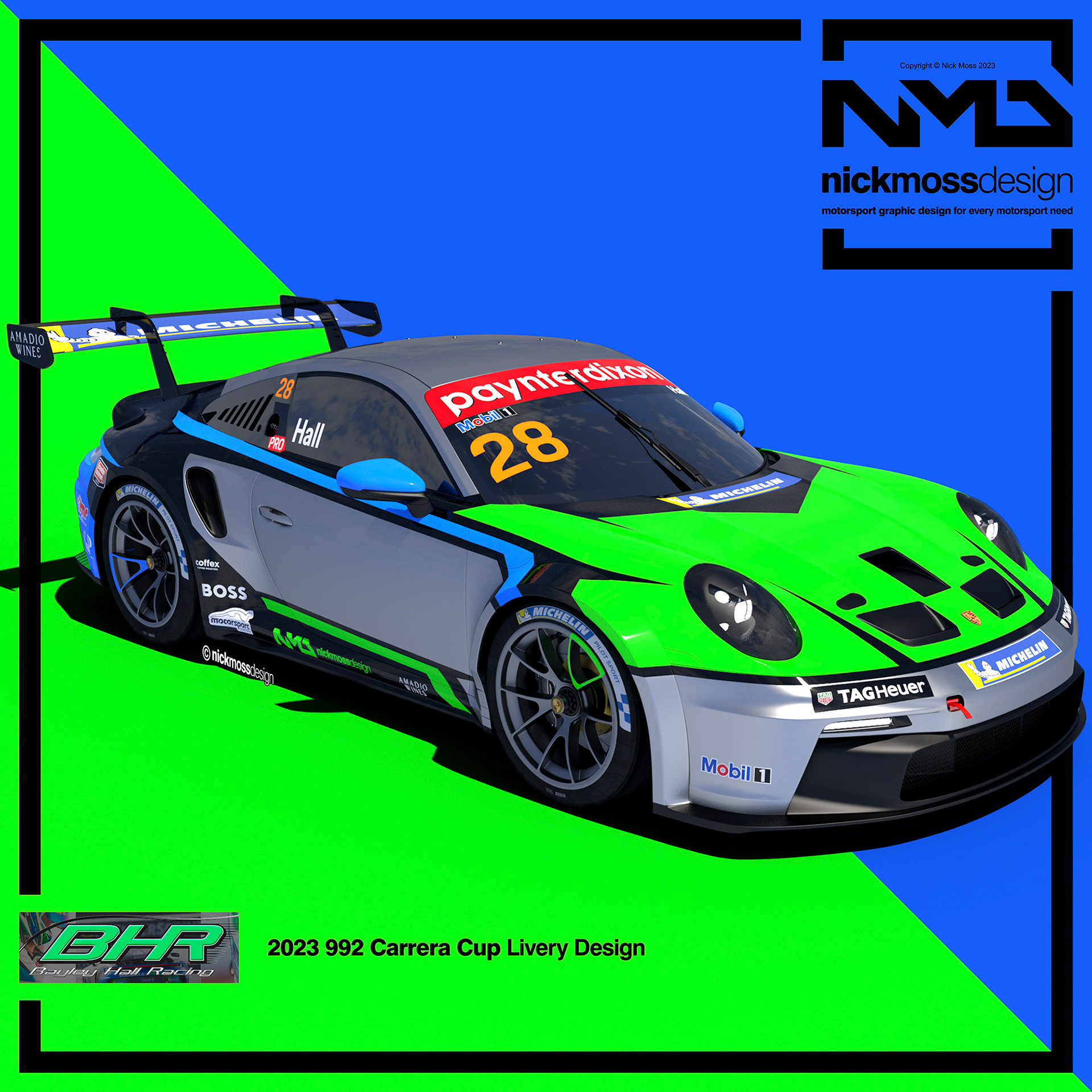 NMD nickmossdesign - 2023 BAYLEY HALL RACING Porsche Carrera Cup Livery Design
