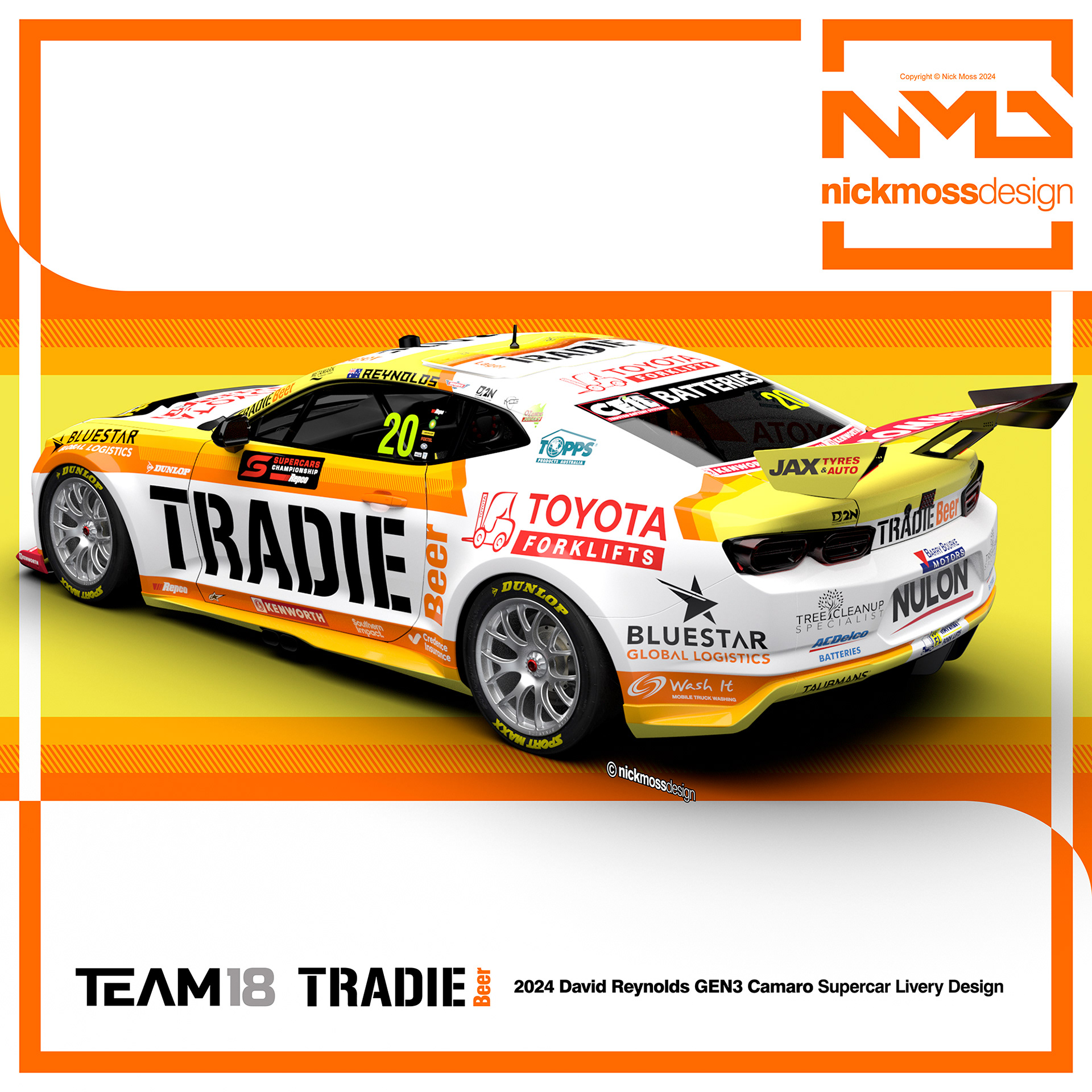 NMD nickmossdesign - 2024 TEAM18 David Reynolds TRADIE BEER Supercars Camaro Livery Design