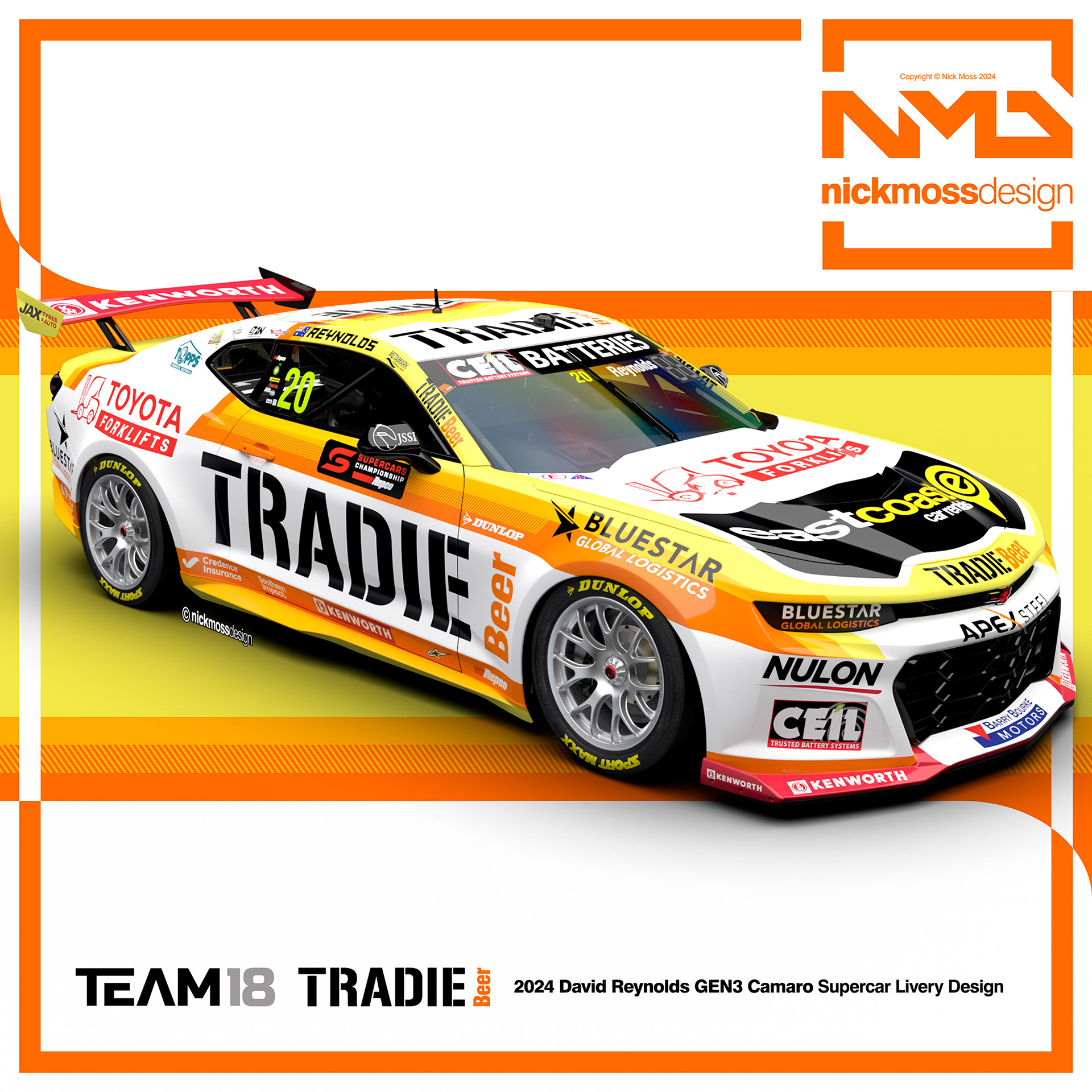 NMD nickmossdesign - 2024 TEAM18 David Reynolds TRADIE BEER Supercars Camaro Livery Design