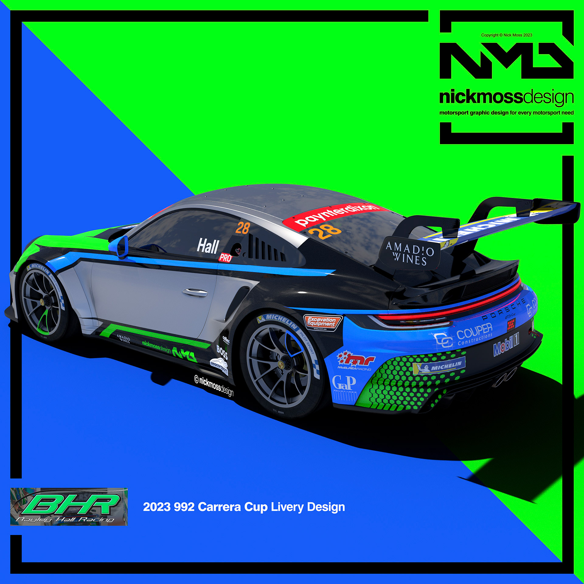 NMD nickmossdesign - 2023 BAYLEY HALL RACING Porsche Carrera Cup Livery Design