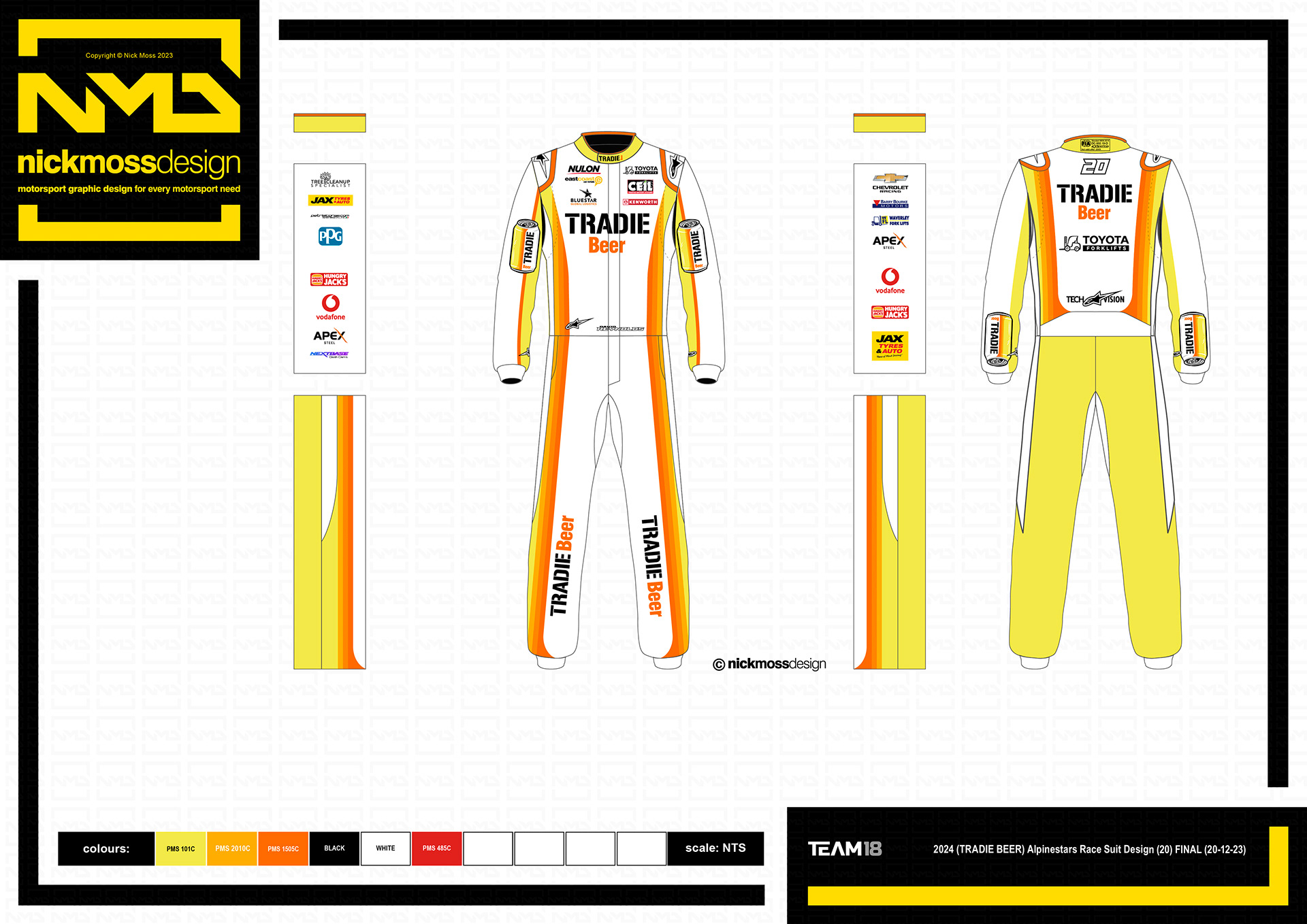 NMD nickmossdesign - 2024 TEAM18 Dave Reynolds TRADIE BEER Supercars Race Suit Design