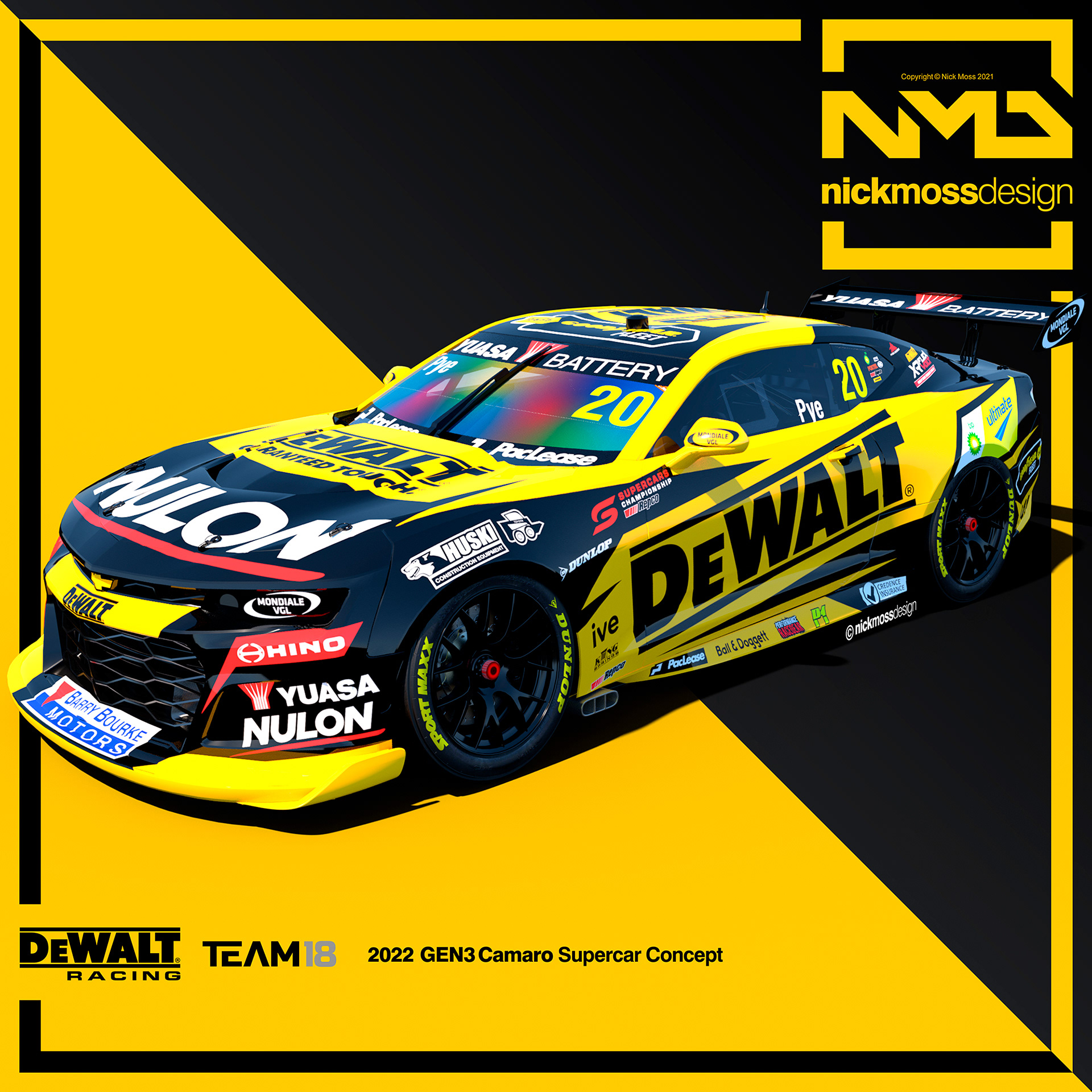 nickmossdesign - 2022 Team 18 GEN3 Supenickmossdesign - 2022 Team 18 GEN3 Supercars Camaro DEWALT Racing Scott Pye Livery Designrcars Camaro IRWIN Racing Mark Winterbottom Supercars Livery Design